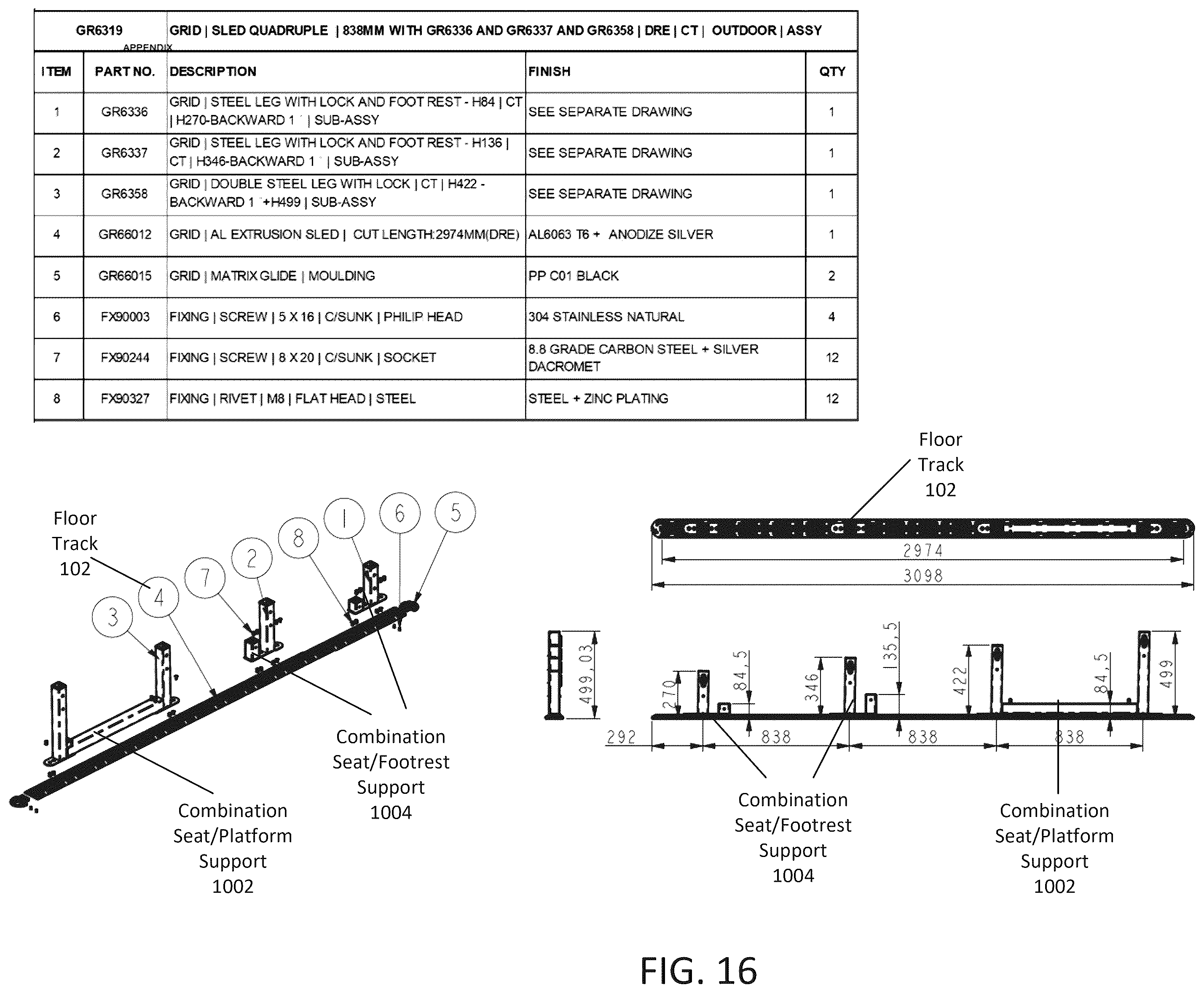 Patent US12551014 Figure 16 – Adjustable floor track and seating system for tiered seating