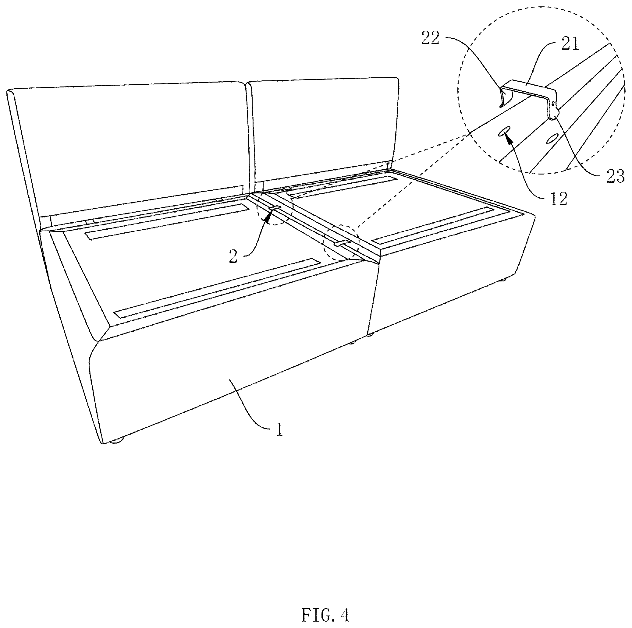 Patent US12551021 Figure 4 – Modular sofa assembly