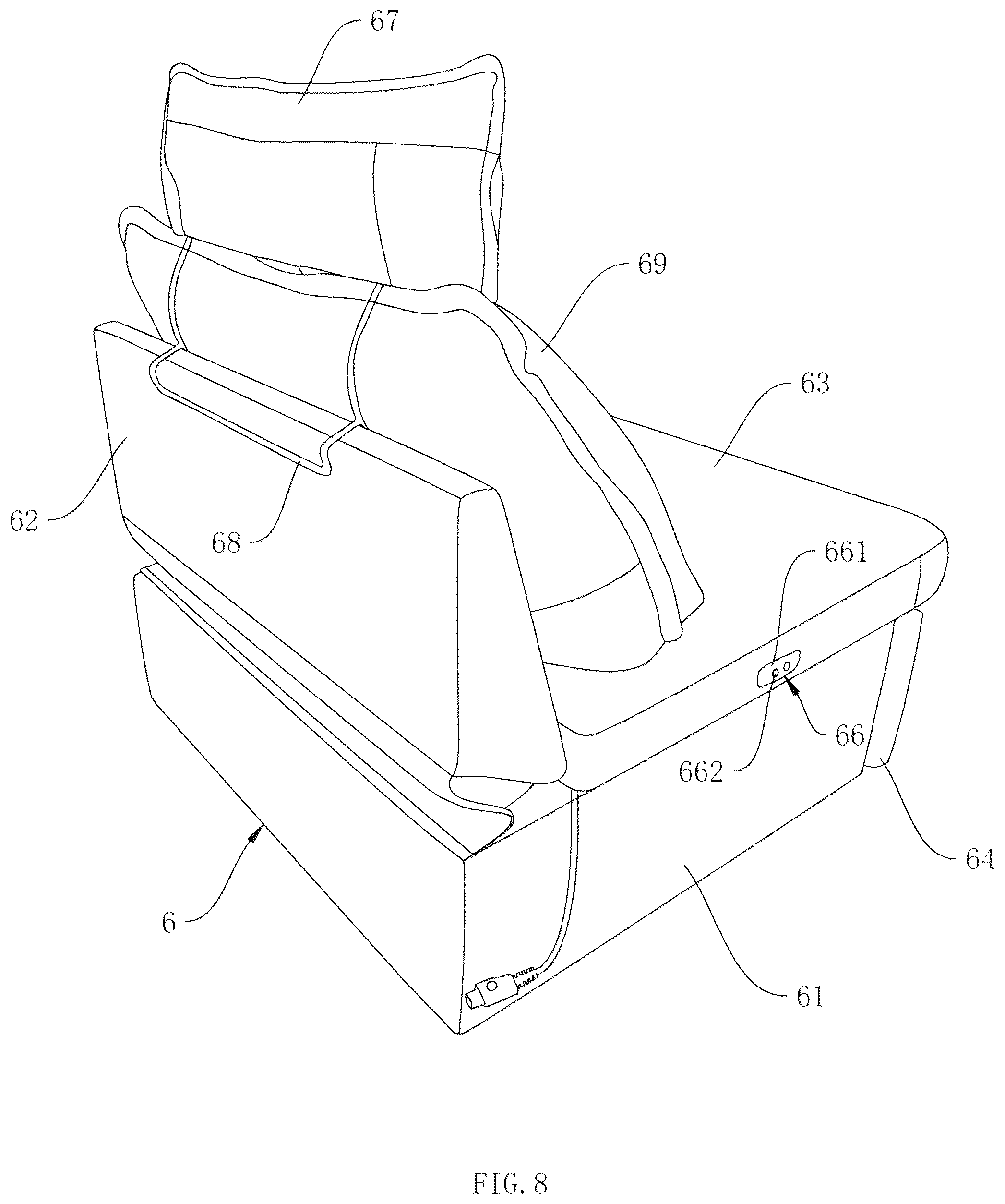 Patent US12551021 Figure 8 – Modular sofa assembly