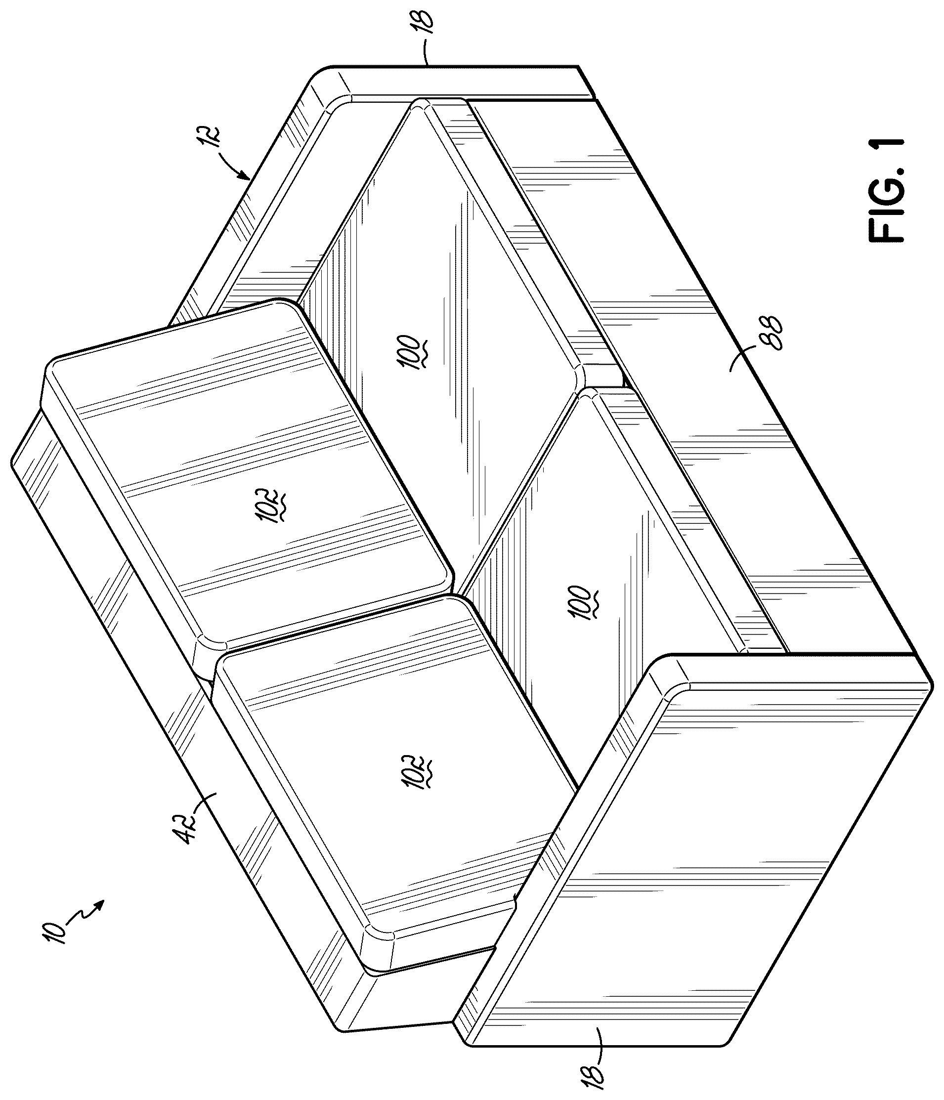 Patent US12551023 Figure 1 – Modular sofa sleeper having pivotal backrest assembly