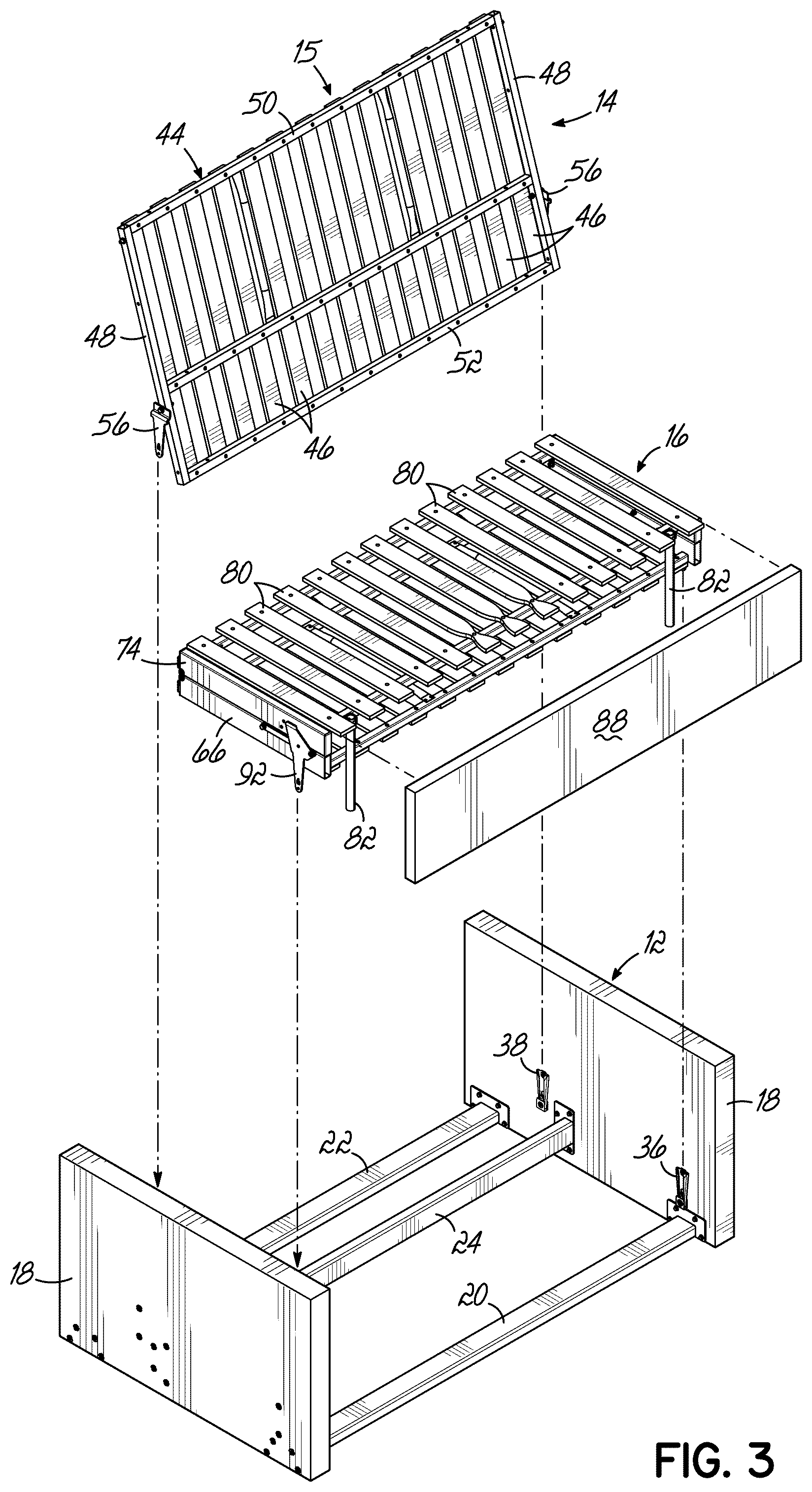 Patent US12551023 Figure 3 – Modular sofa sleeper having pivotal backrest assembly