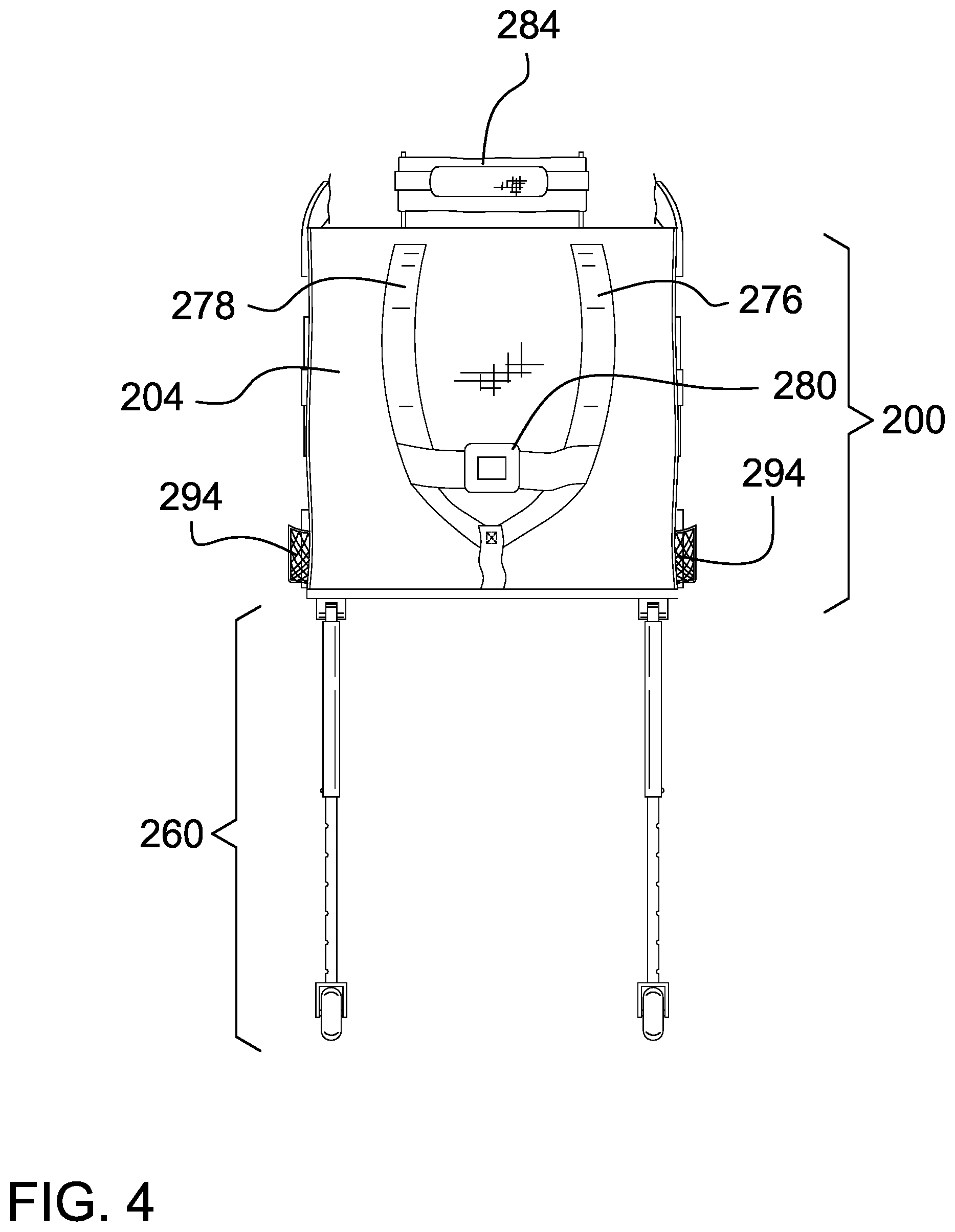 Patent US12551029 Figure 4 – Child seat attachment for luggage