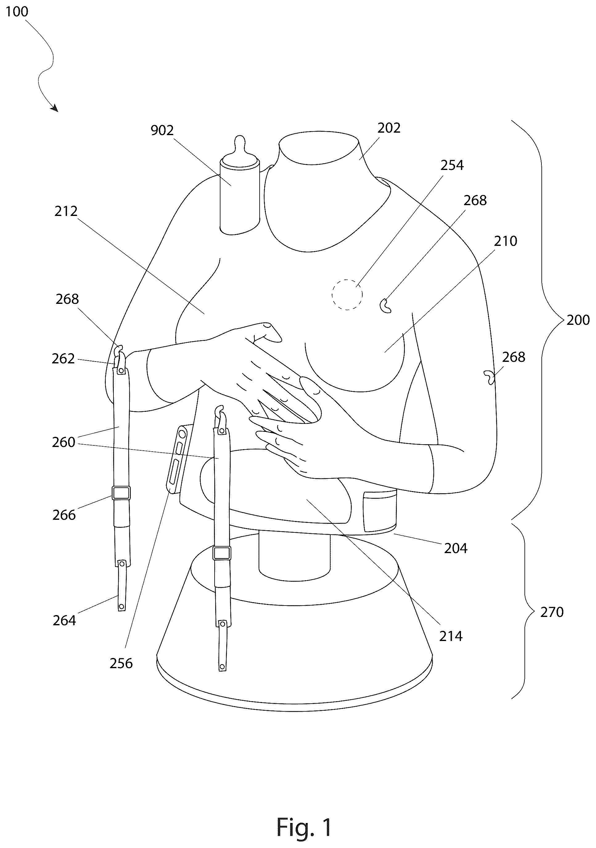 Patent US12551030 Figure 1 – Child care mannequin with adjustable cradling arms