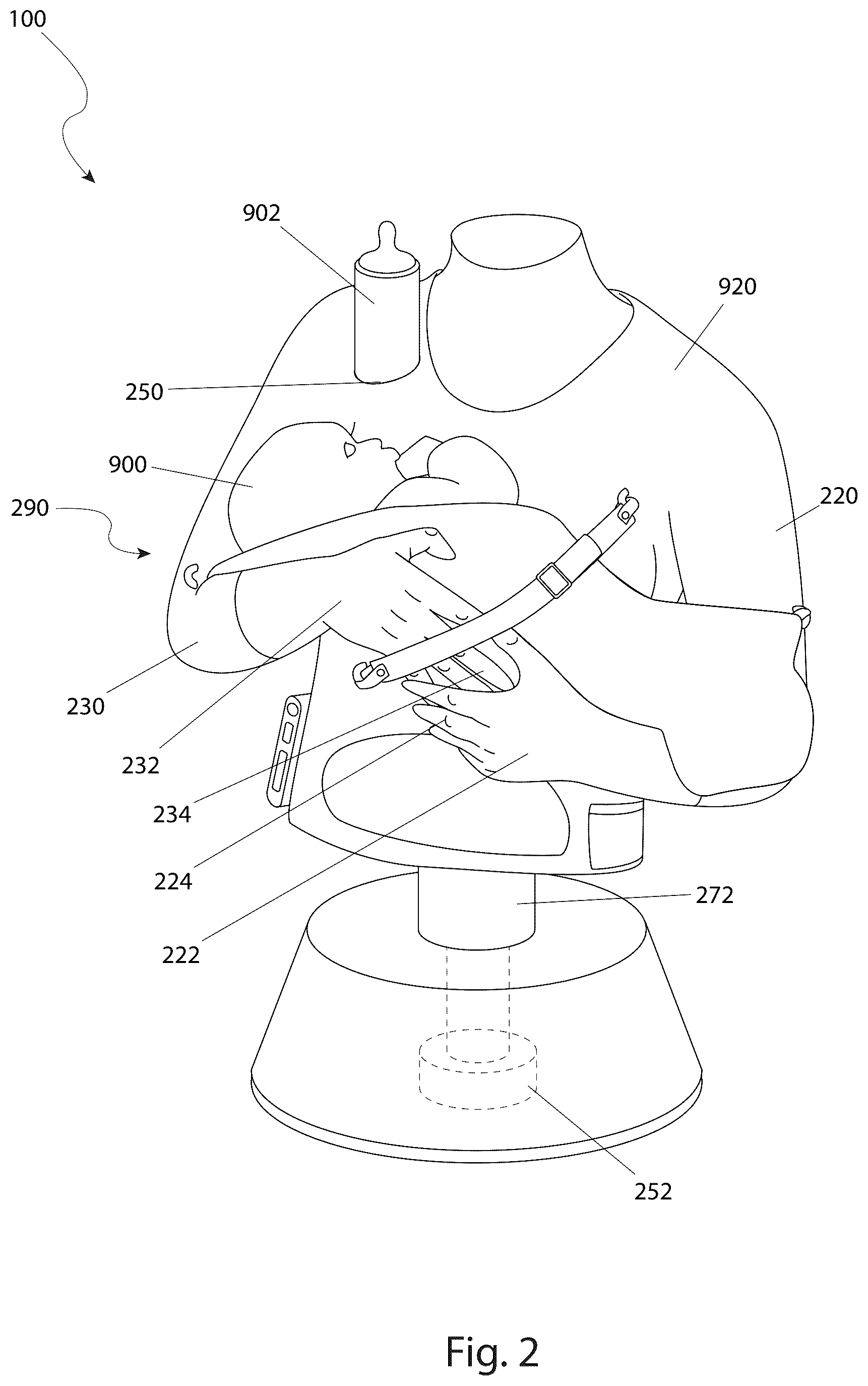 Patent US12551030 Figure 2 – Child care mannequin with adjustable cradling arms