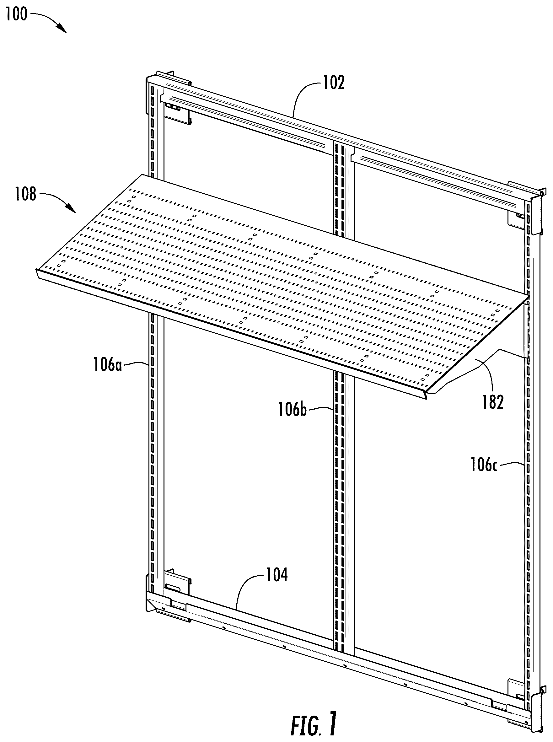 Patent US12551031 Figure 1 – Retail merchandise shelving system and deck panels for same