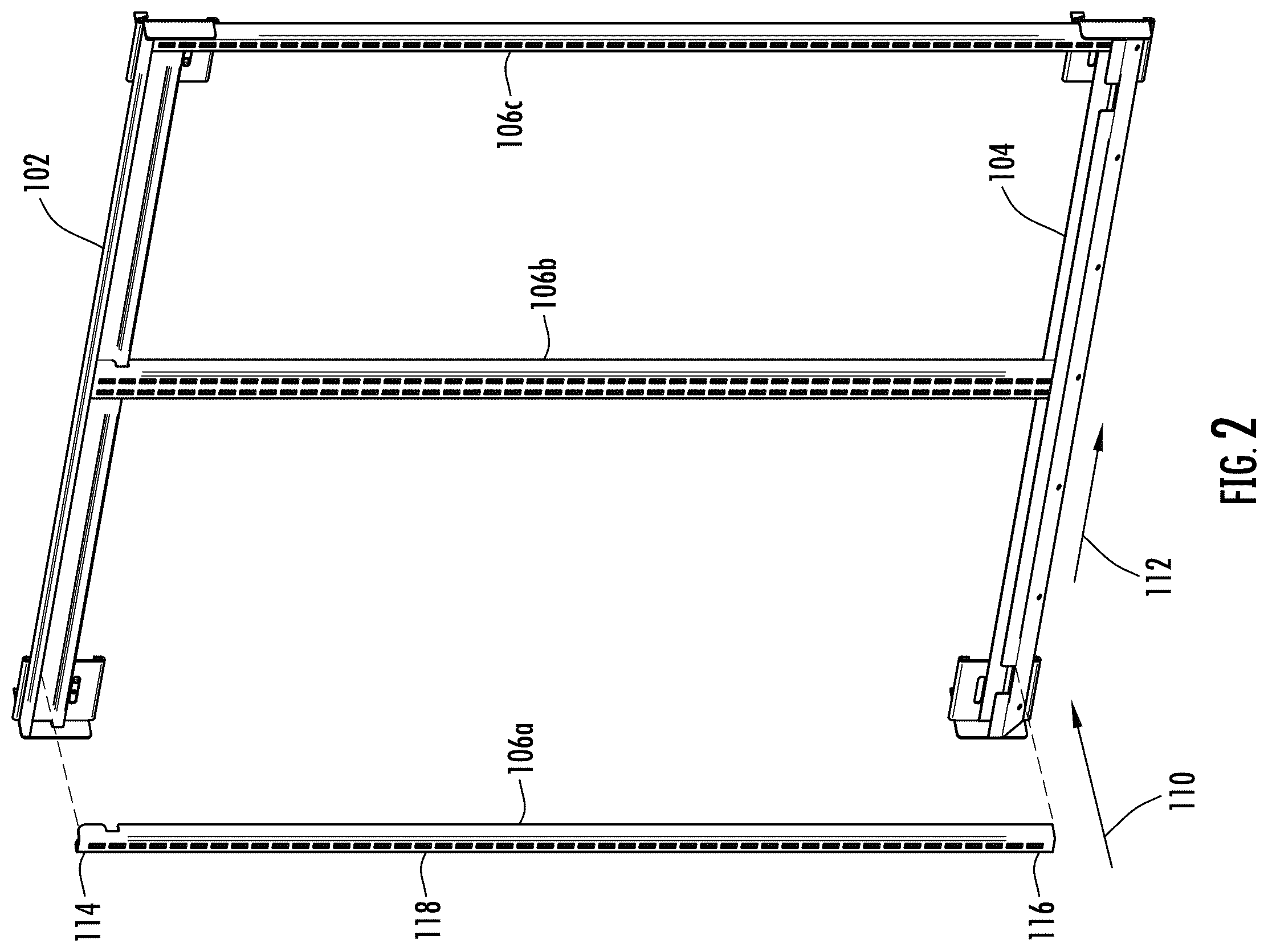 Patent US12551031 Figure 2 – Retail merchandise shelving system and deck panels for same
