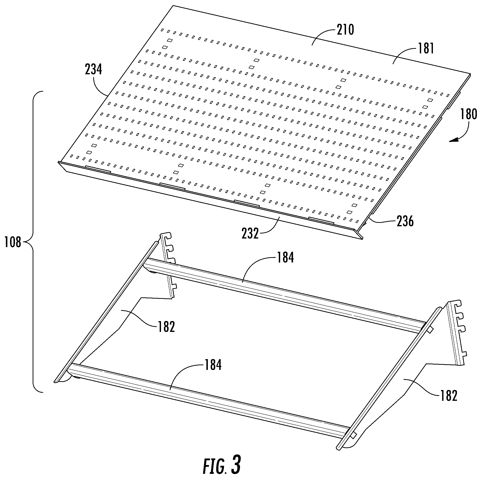 Patent US12551031 Figure 3 – Retail merchandise shelving system and deck panels for same