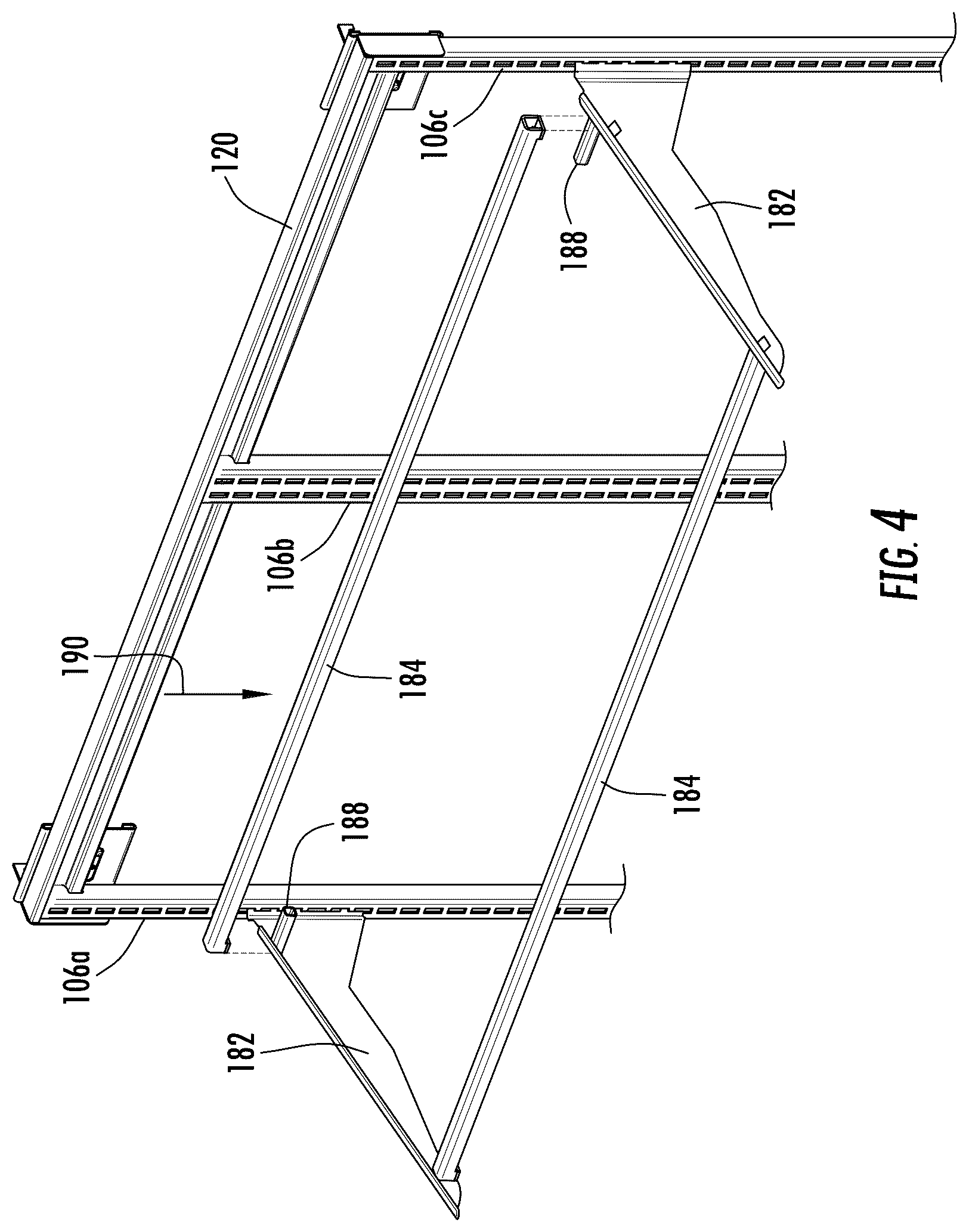 Patent US12551031 Figure 4 – Retail merchandise shelving system and deck panels for same