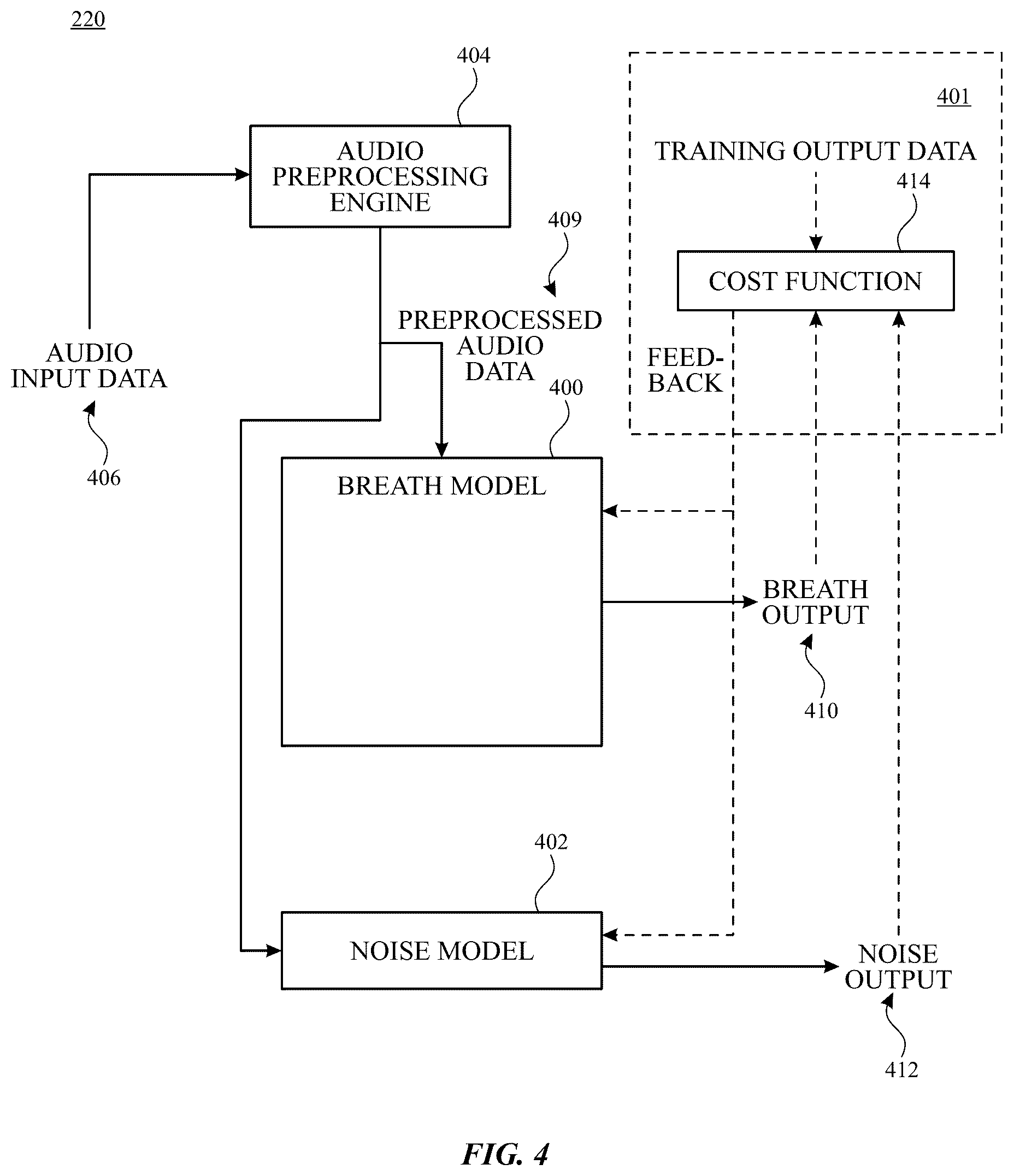 Patent US12551113 Figure 4 – Audio detection and monitoring of respiration