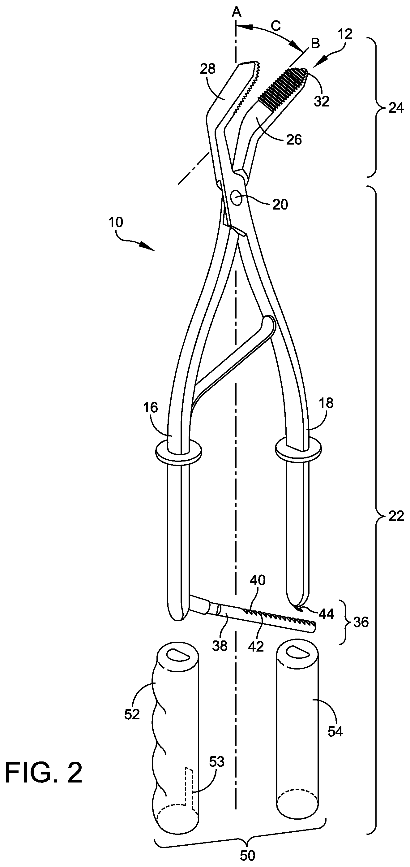Patent US12551225 Figure 2 – Ergonomic forceps tool