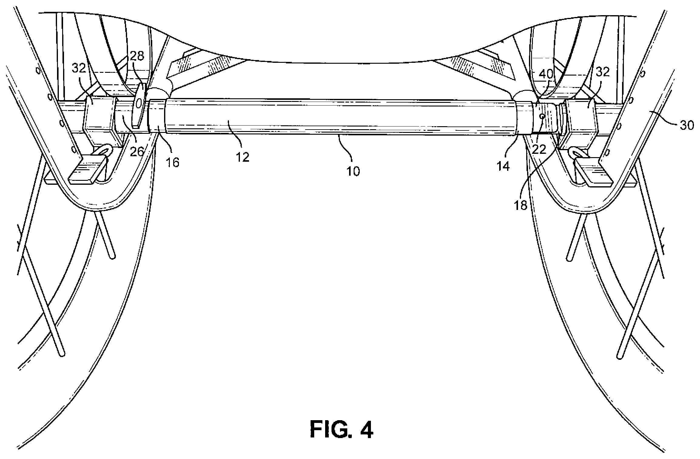 Patent US12551388 Figure 4 – Rotatable swing arm stabilizer assembly for folding wheelchairs