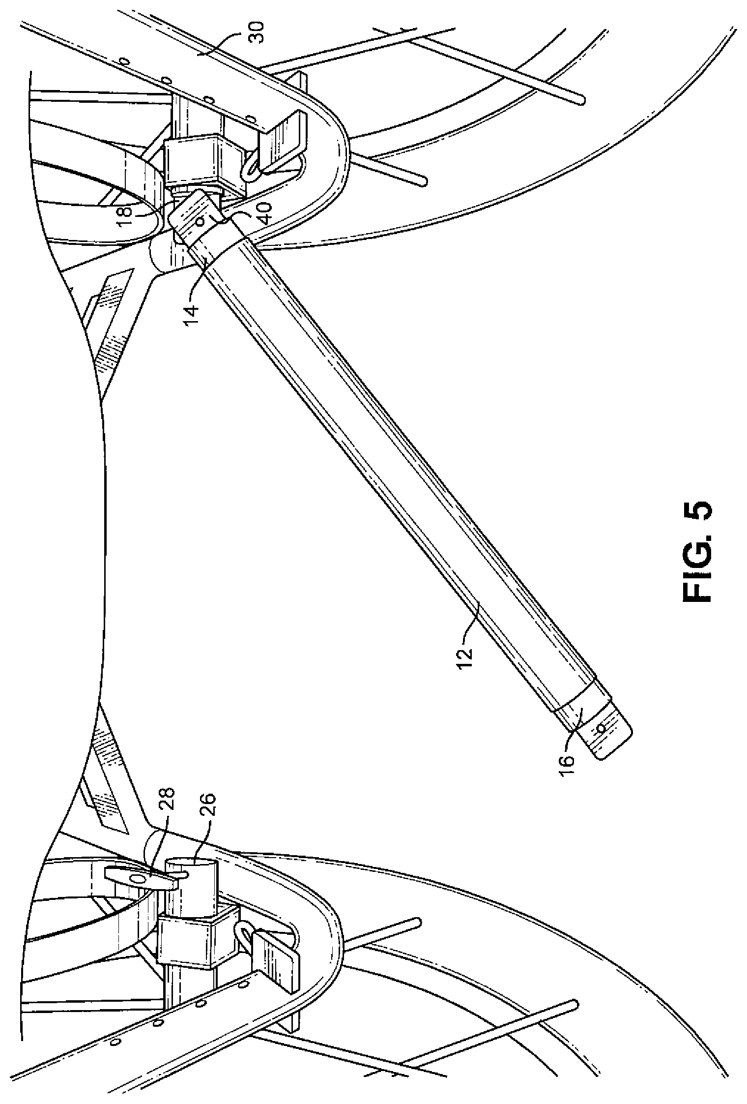 Patent US12551388 Figure 5 – Rotatable swing arm stabilizer assembly for folding wheelchairs