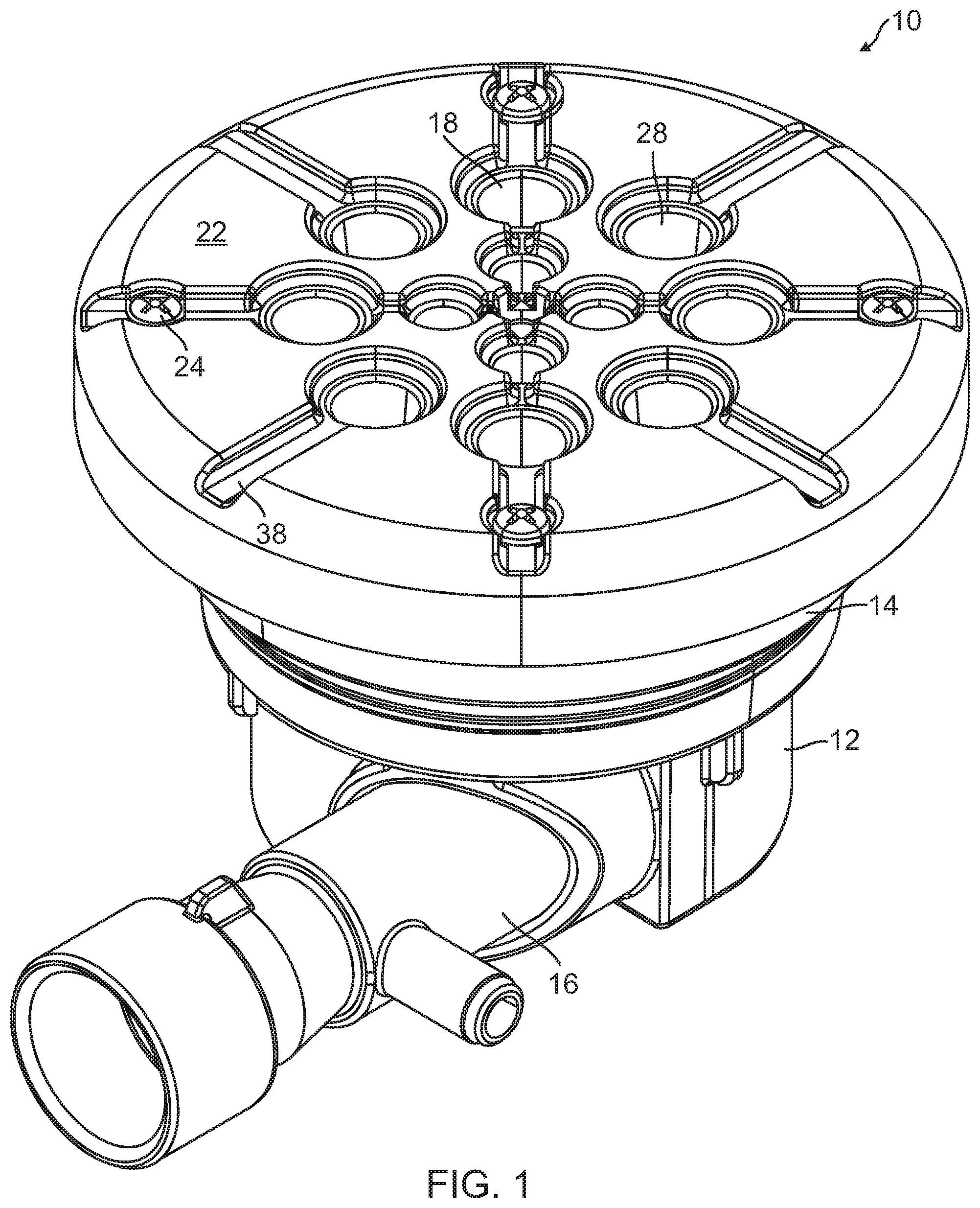 Patent US12551401 Figure 1 – Spa jet with crosswise and tangent venturi for both spa walls and spa floors