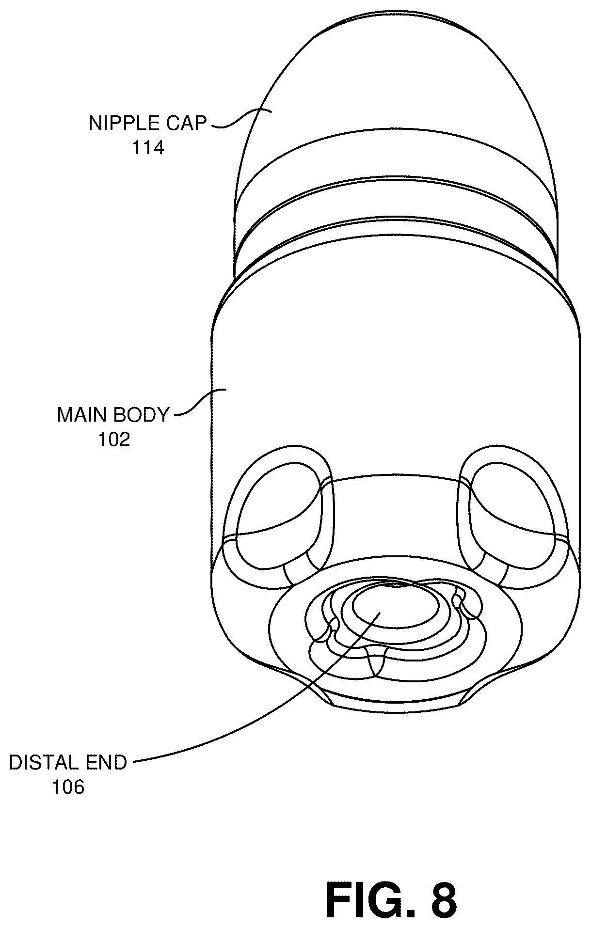 Patent US12551412 Figure 8 – Baby bottle with syringe receiver