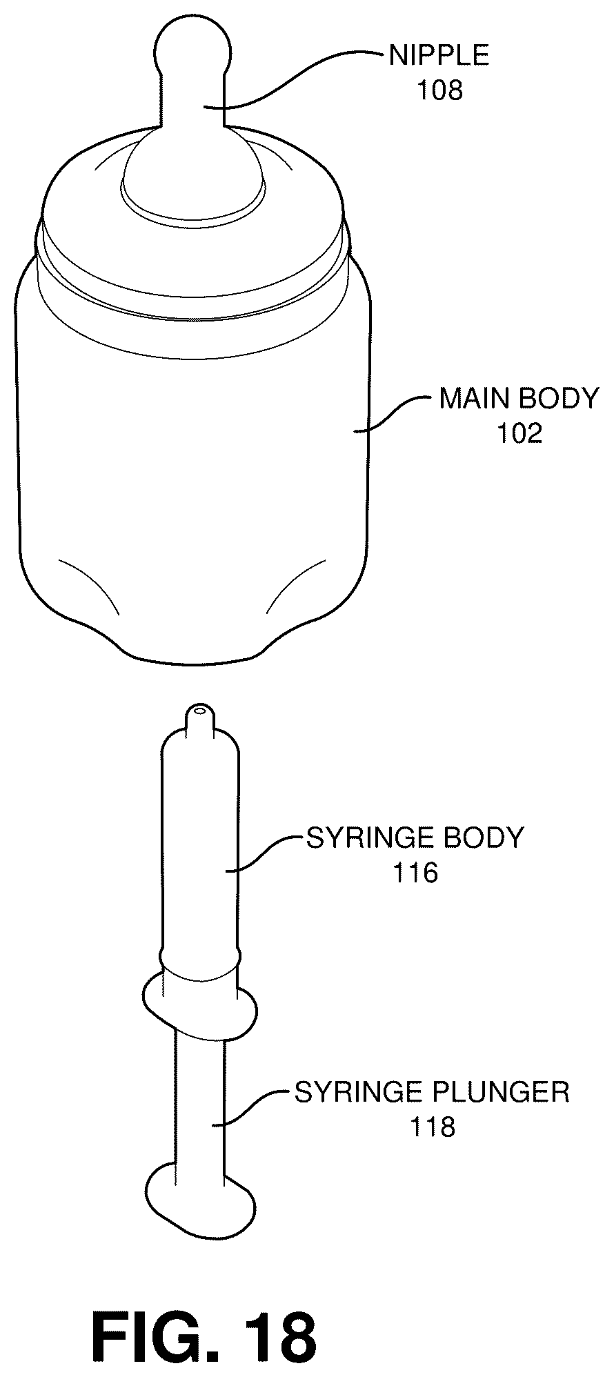 Patent US12551412 Figure 18 – Baby bottle with syringe receiver