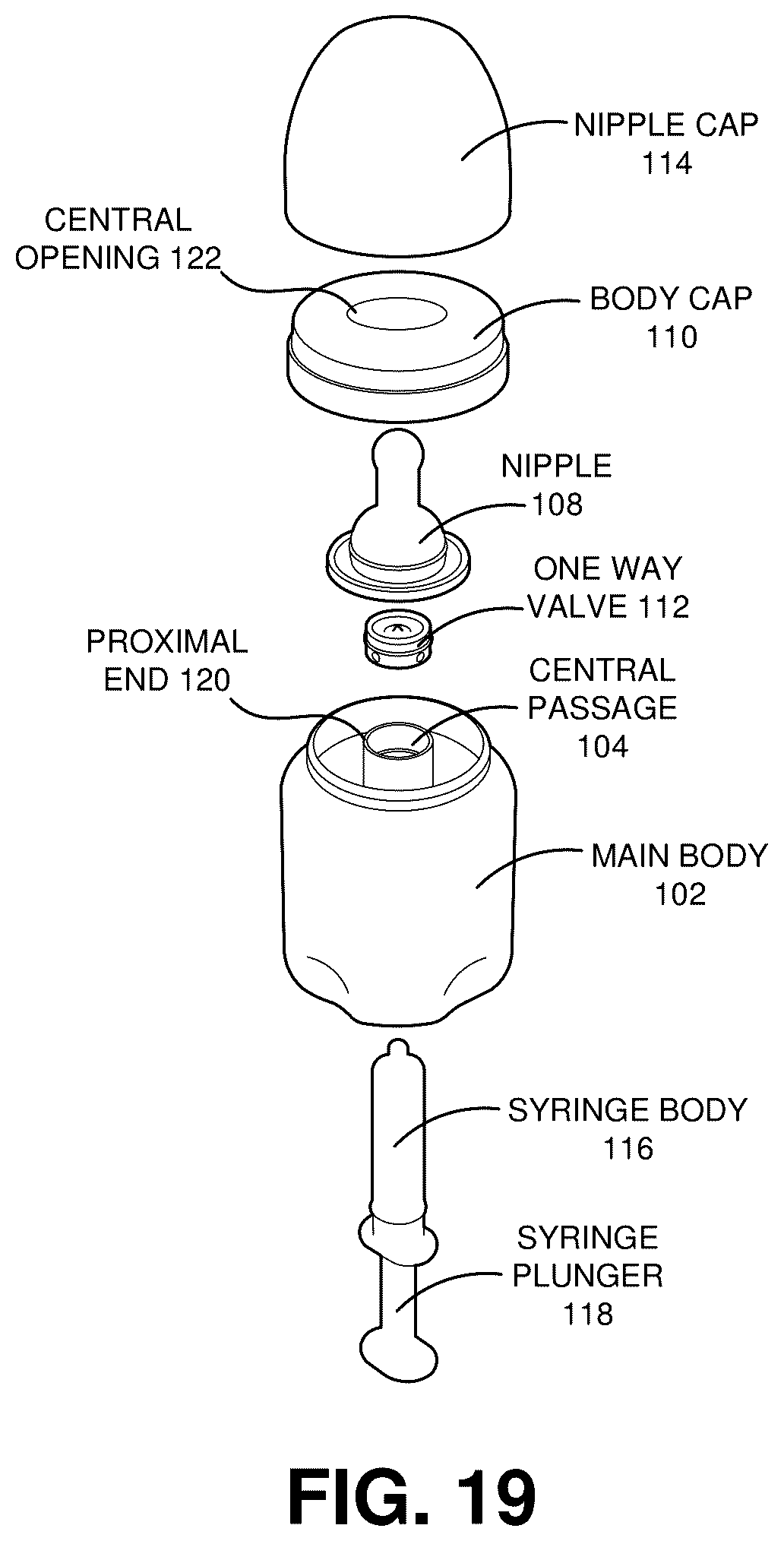 Patent US12551412 Figure 19 – Baby bottle with syringe receiver