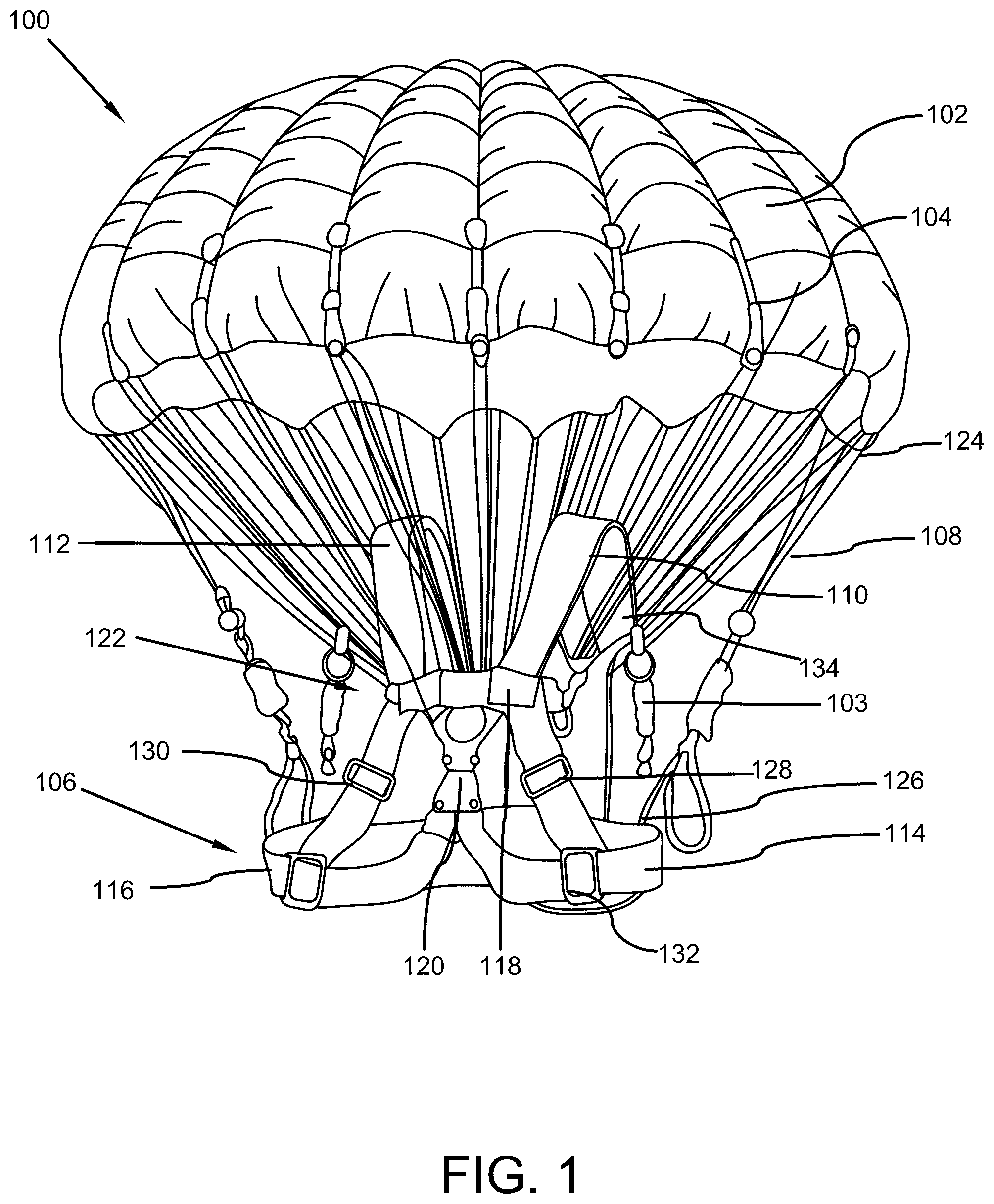 Patent US12551735 Figure 1 – Parachute device for high-rise emergency evacuations