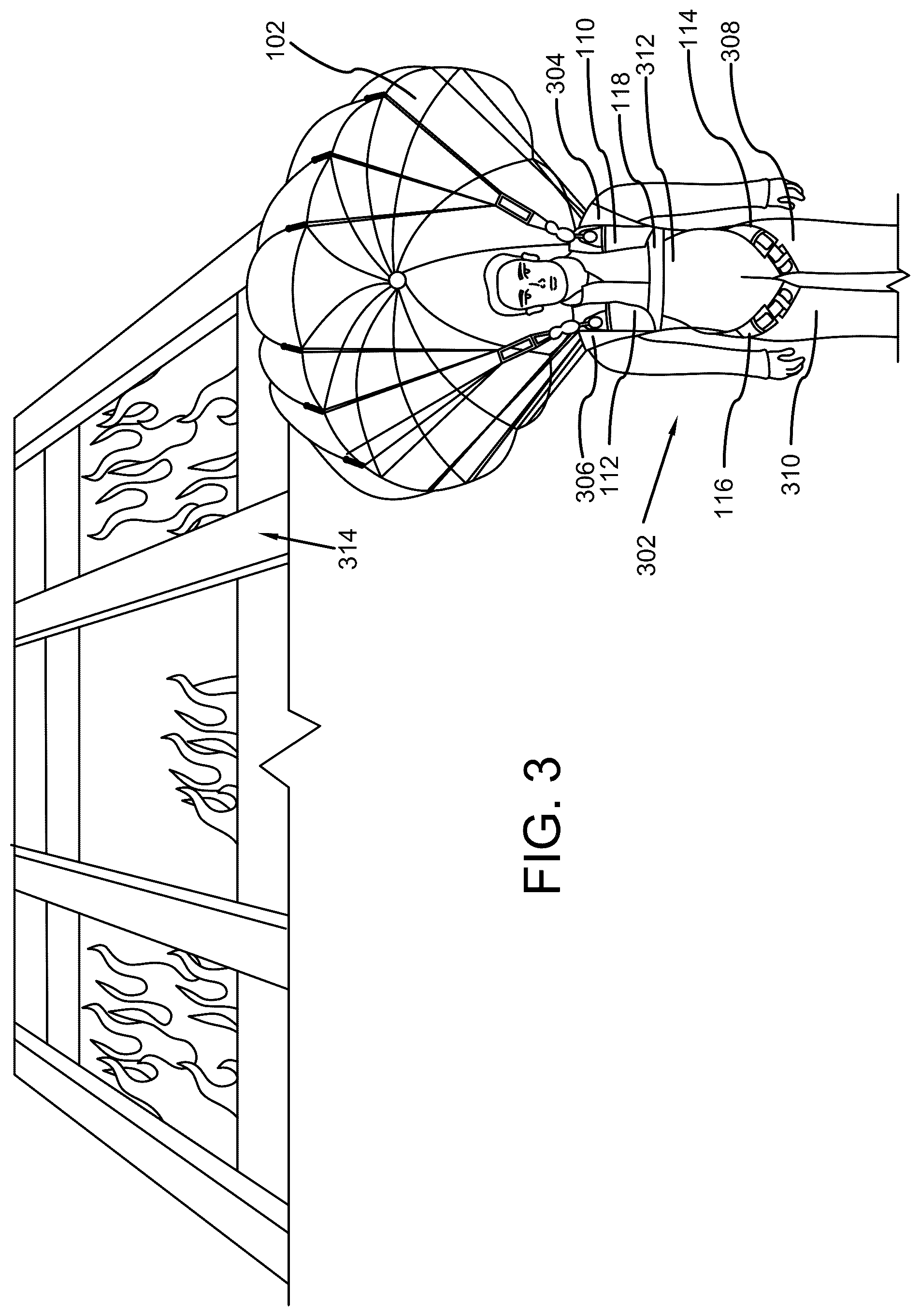 Patent US12551735 Figure 3 – Parachute device for high-rise emergency evacuations