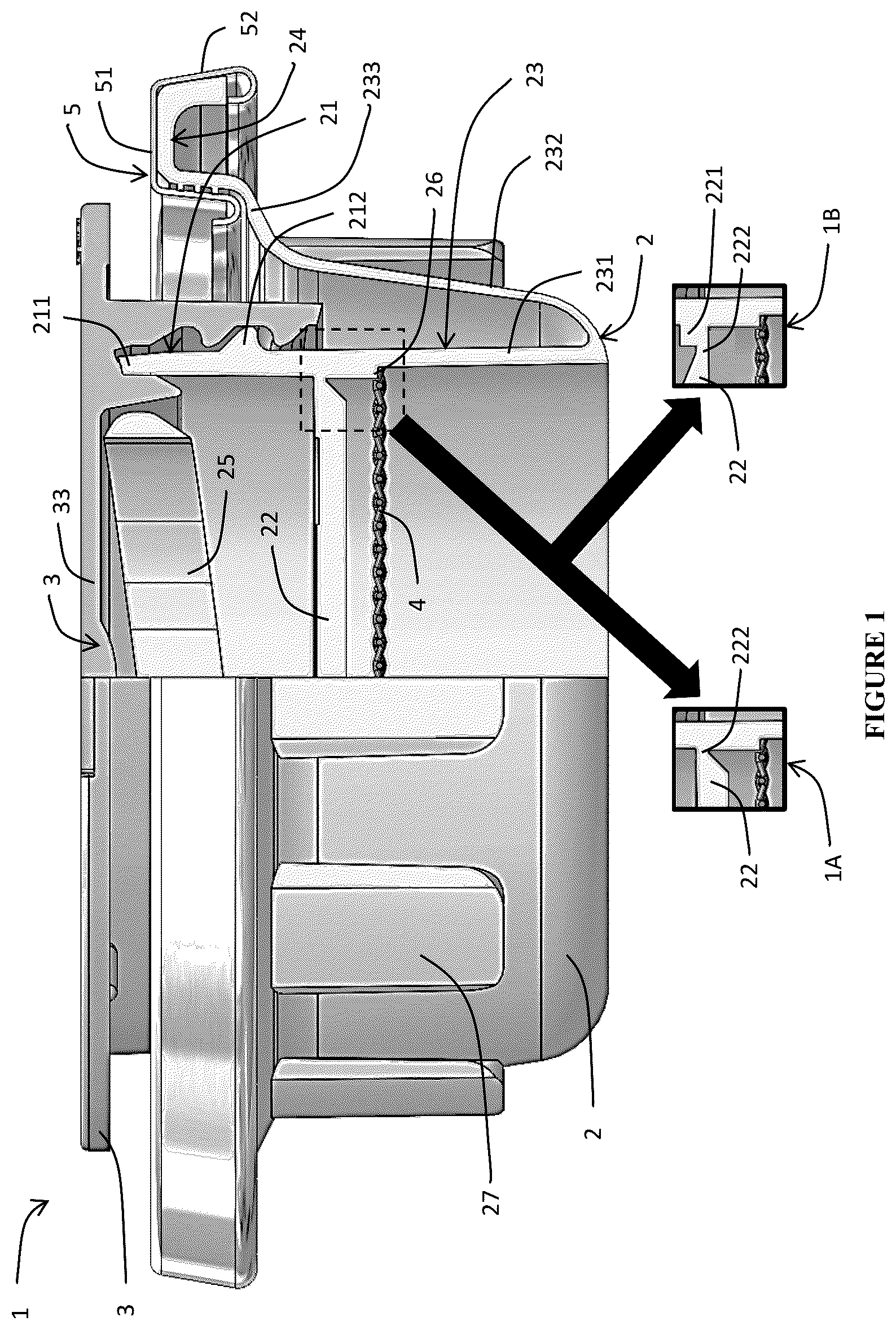 Patent US12551738 Figure 1 – Retractable spout closure system with flame mitigation