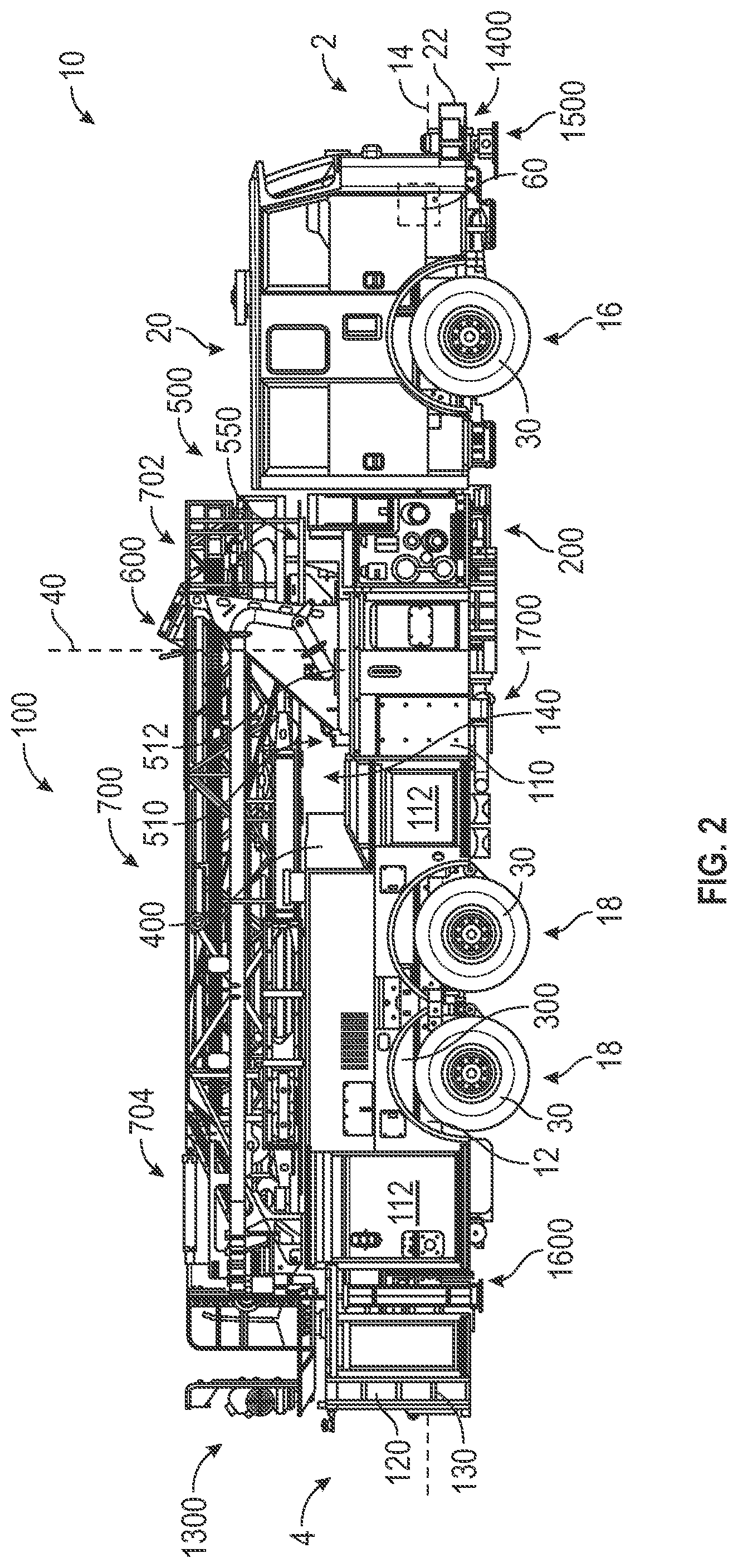 Patent US12551740 Figure 2 – Aerial configuration for a mid-mount fire apparatus
