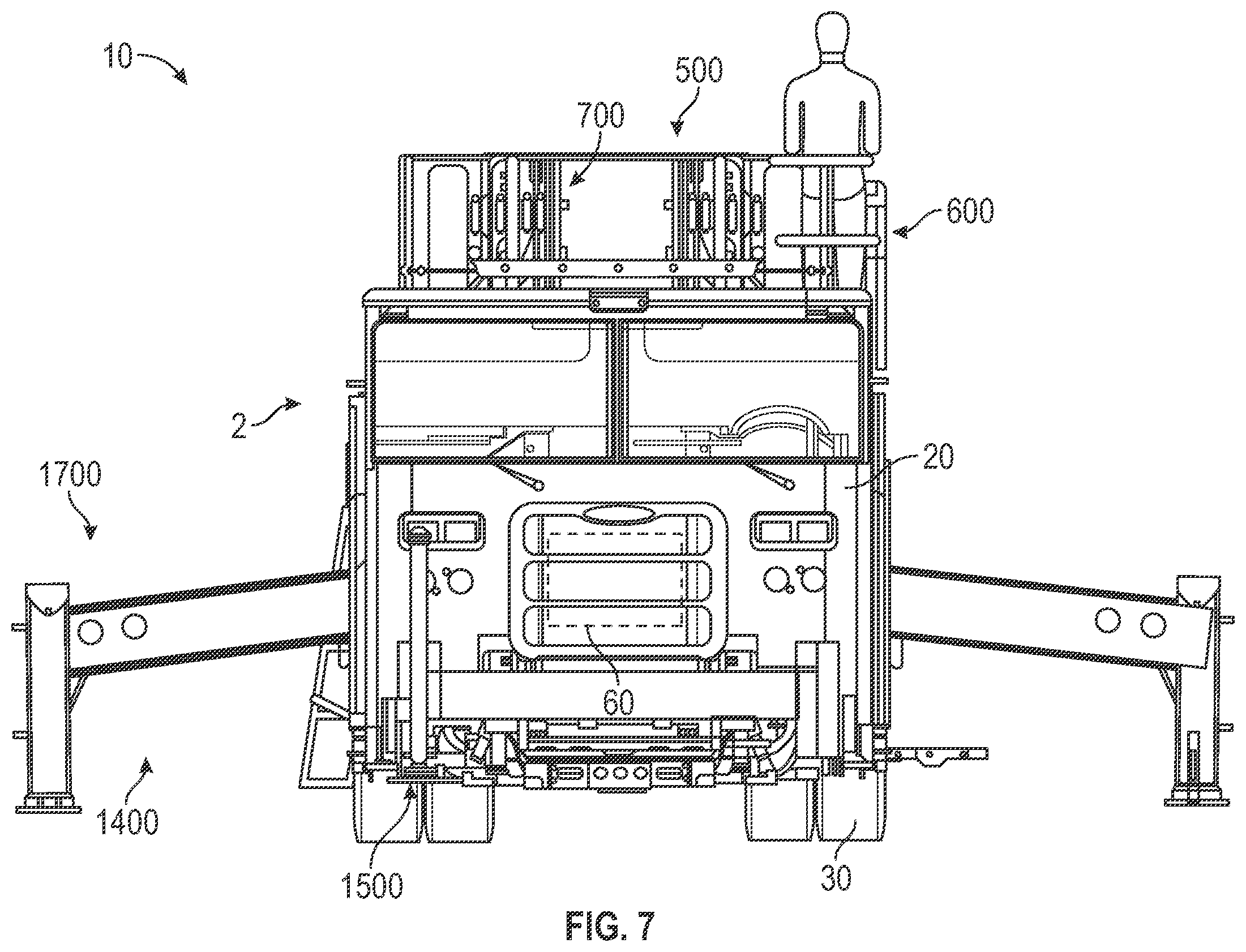Patent US12551740 Figure 7 – Aerial configuration for a mid-mount fire apparatus