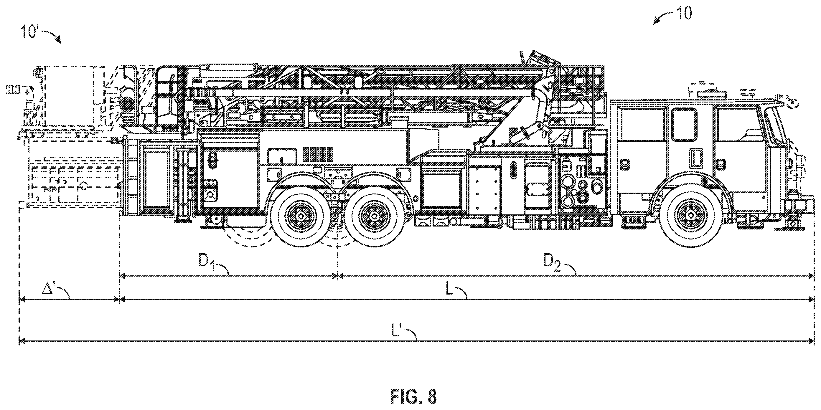 Patent US12551740 Figure 8 – Aerial configuration for a mid-mount fire apparatus