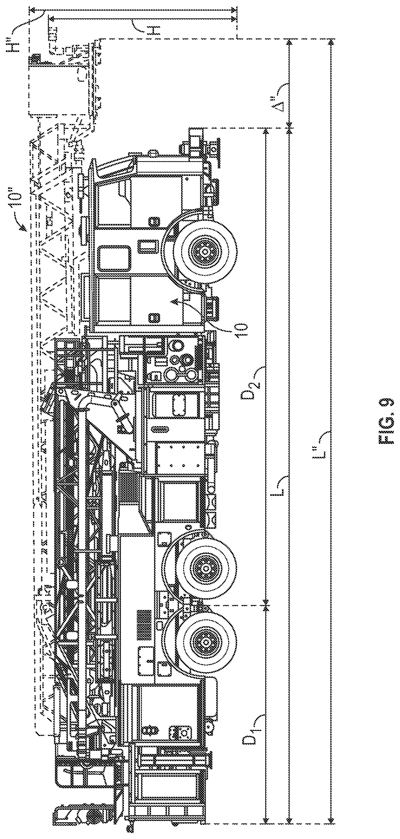 Patent US12551740 Figure 9 – Aerial configuration for a mid-mount fire apparatus