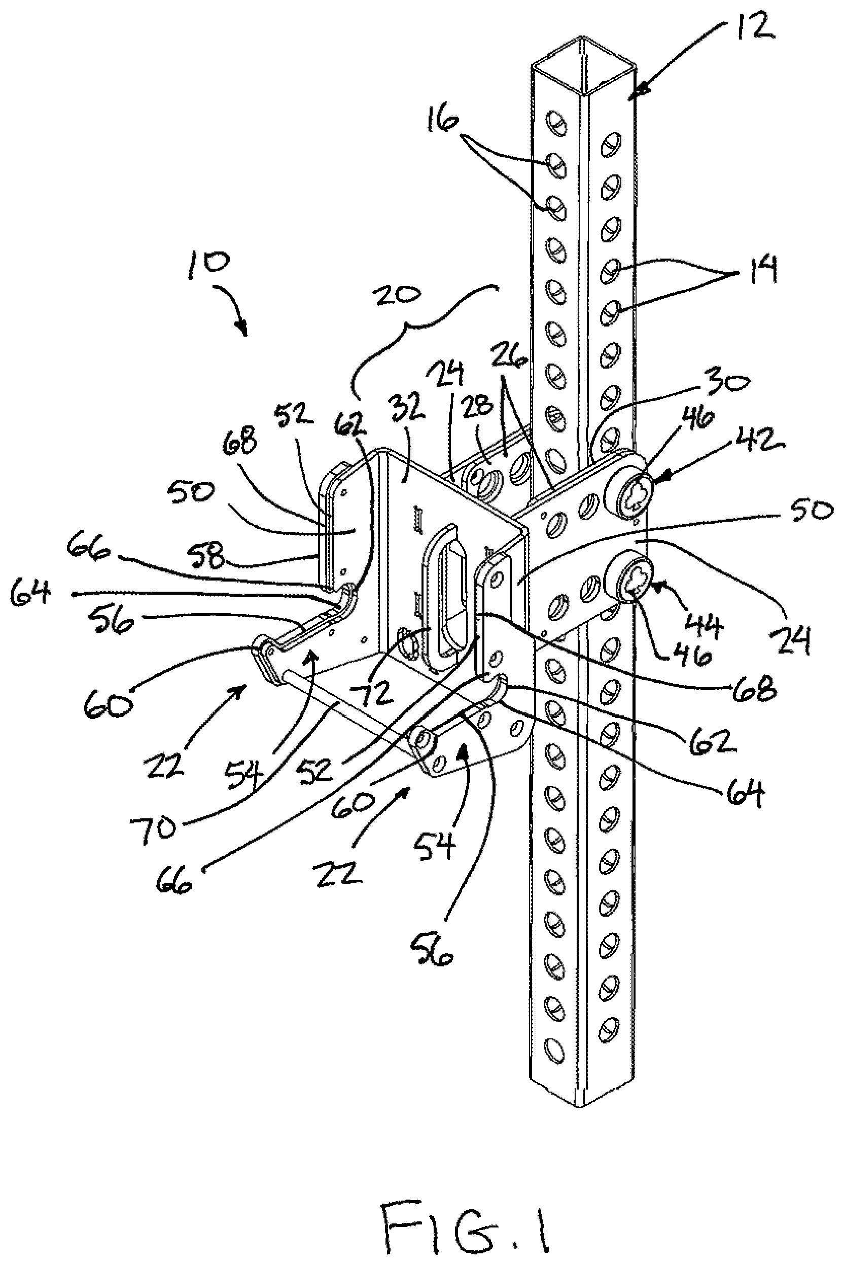 Patent US12551746 Figure 1 – Weight bar holding apparatus for weightlifting rack