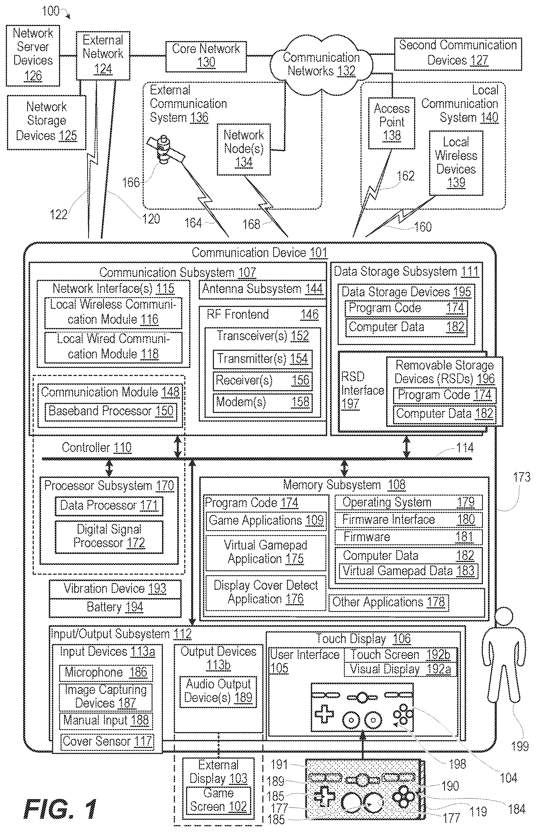 Patent US12551784 Figure 1 – Tactile overlay for touch screen virtual game controller coupled to external display