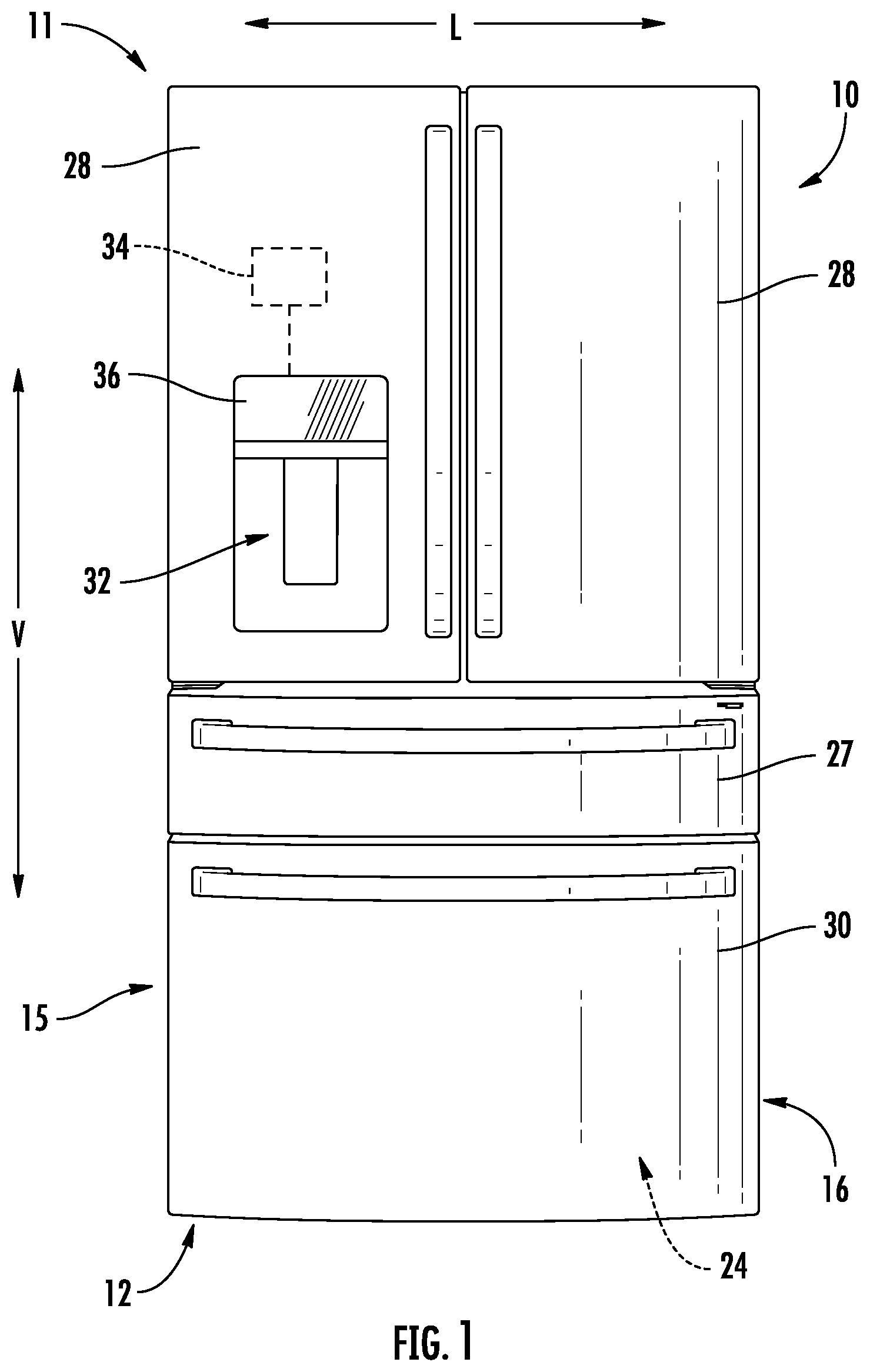 Patent US12551827 Figure 1 – Power and communication delivery configuration for a water filtration assembly of an appliance
