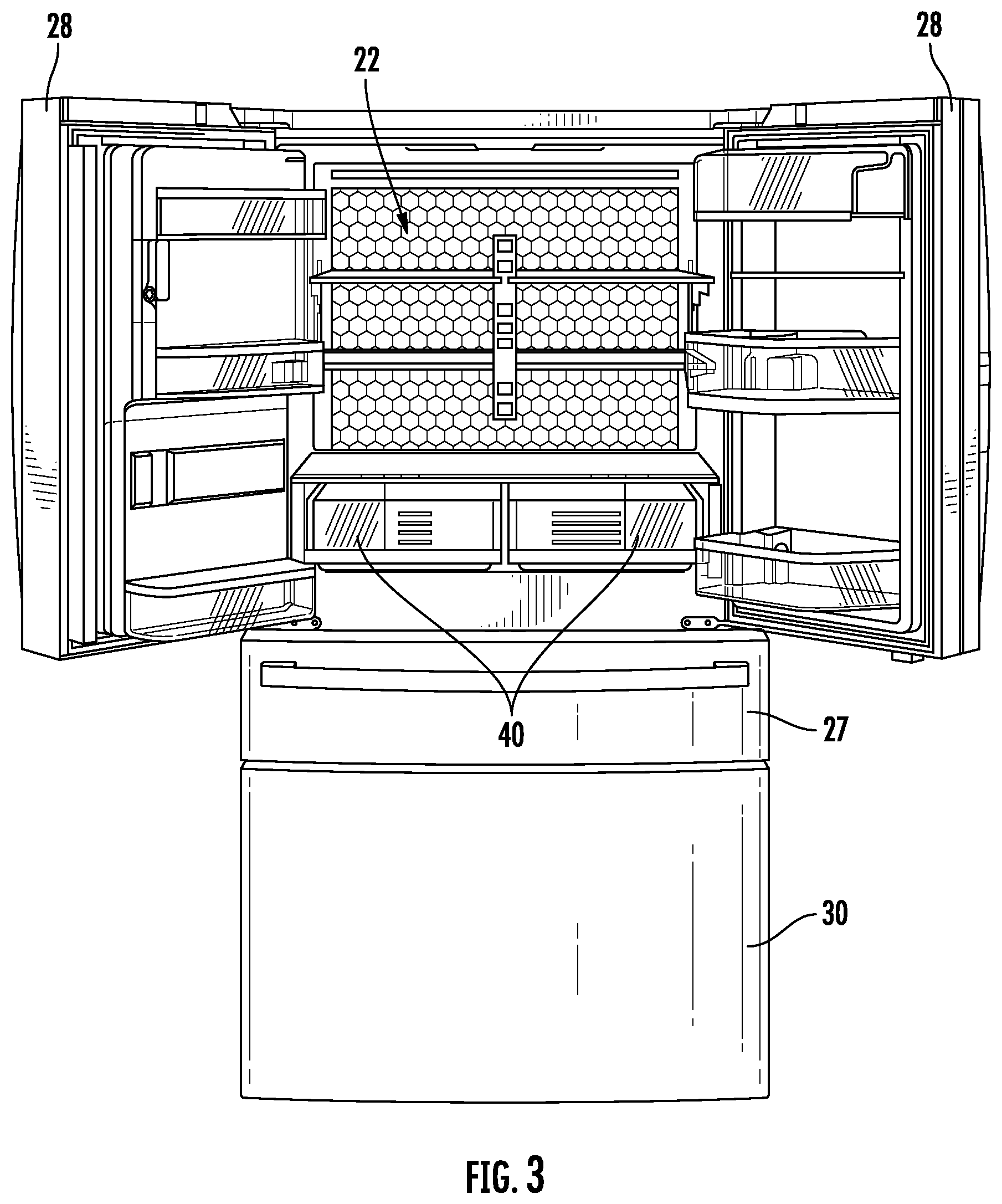 Patent US12551827 Figure 3 – Power and communication delivery configuration for a water filtration assembly of an appliance