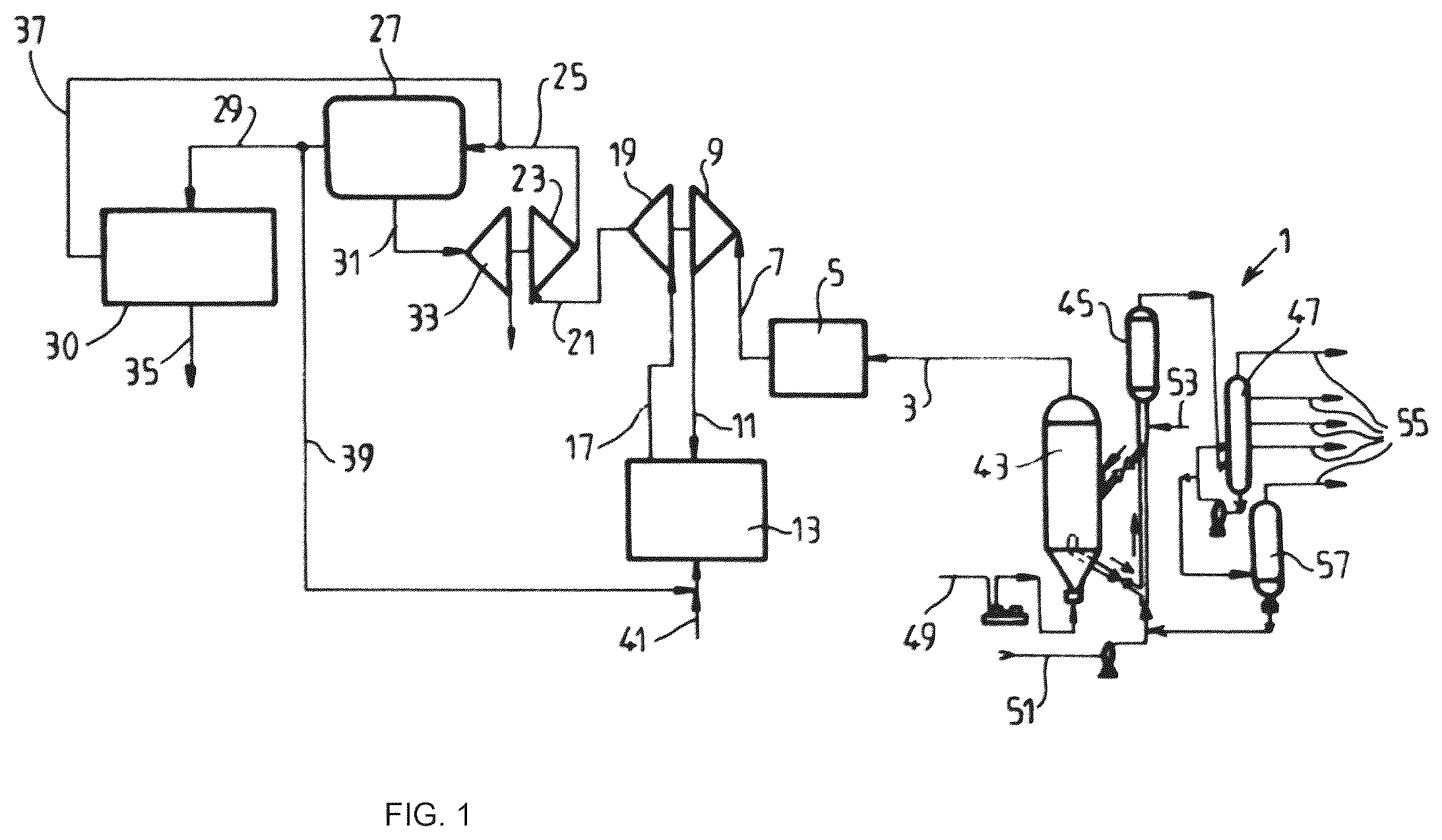 Patent US12551840 Figure 1 – Method and apparatus for separating carbon dioxide from a residual gas in a fluidised bed catalytic cracking plant (FCC)