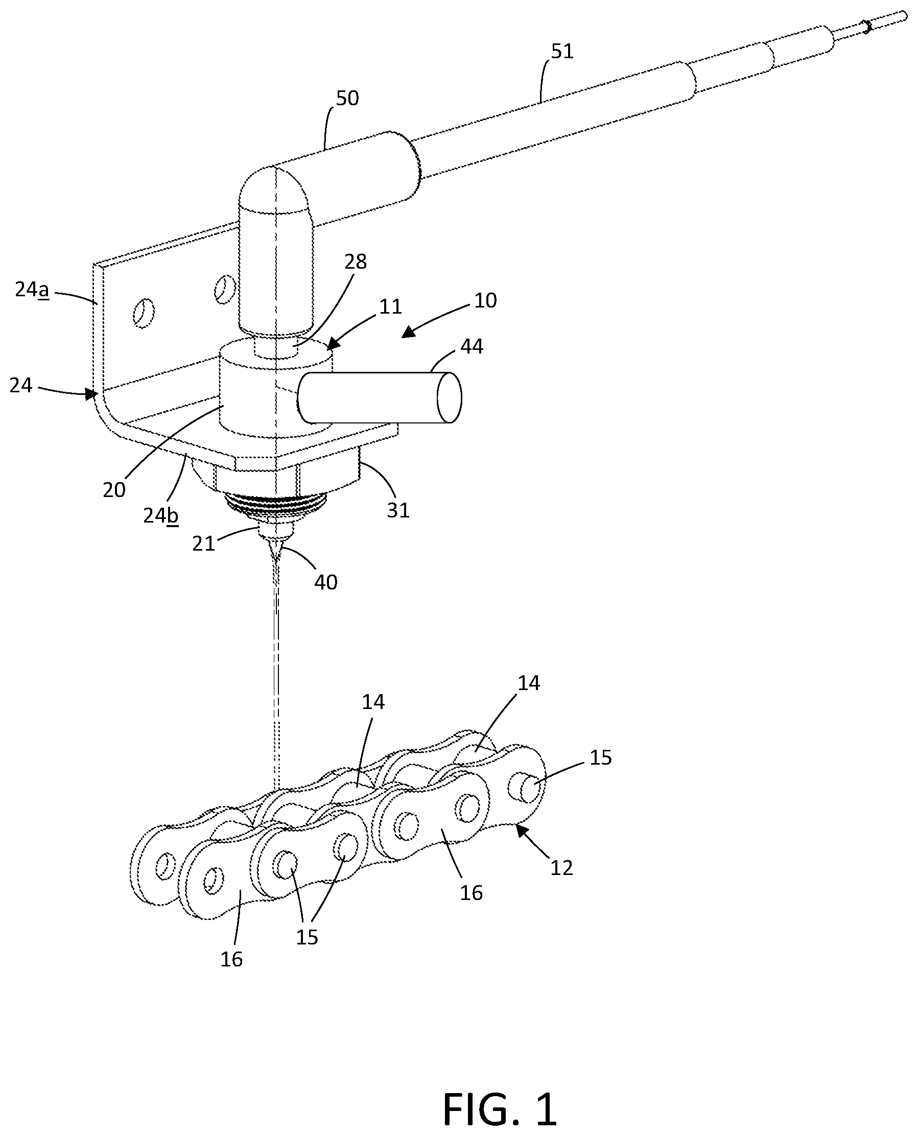 Patent US12551909 Figure 1 – Narrow point electrostatic spray nozzle assembly and lubricant dispensing system