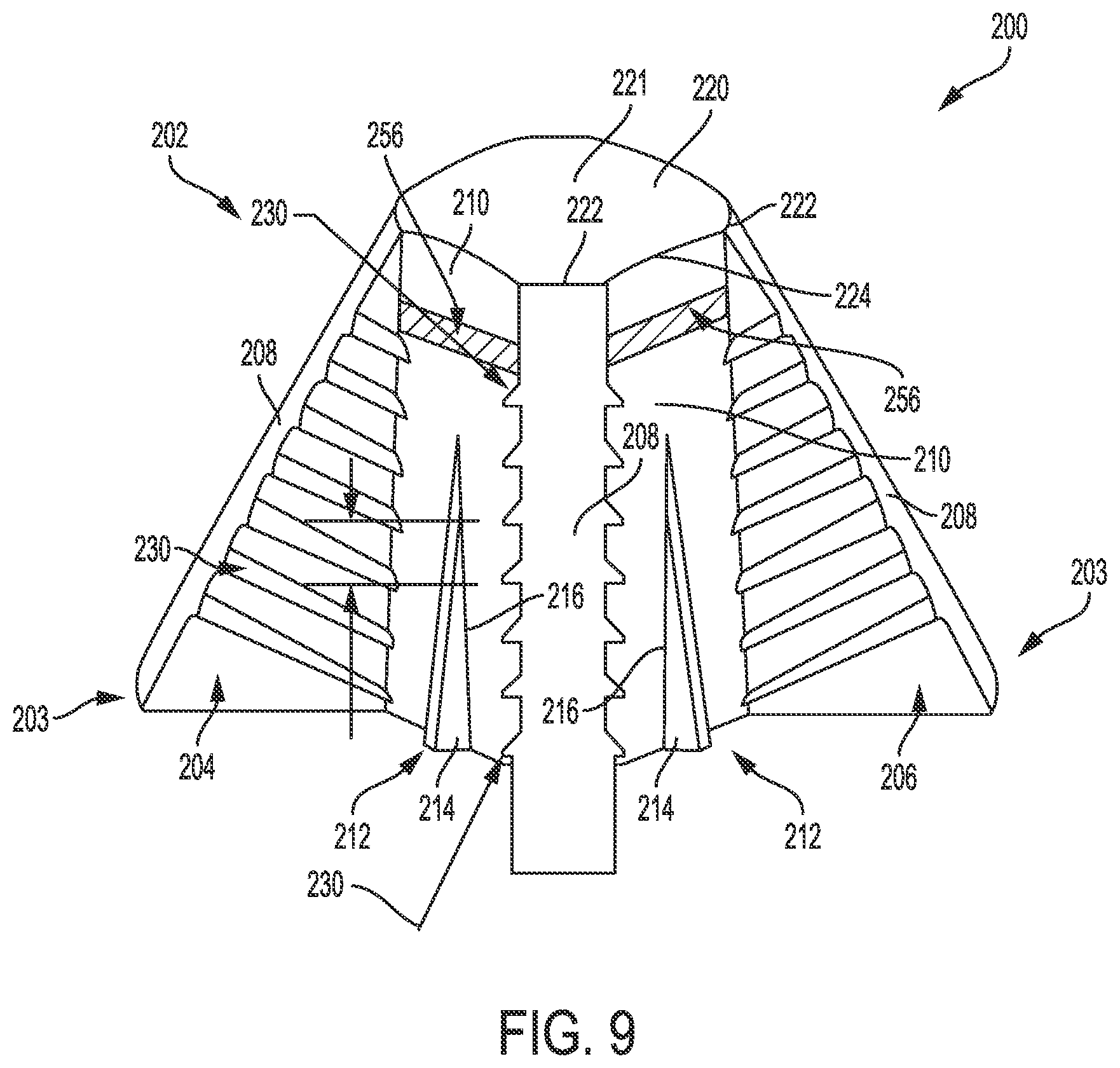 Patent US12551992 Figure 9 – Fastener system with stabilizer ribs and square drive