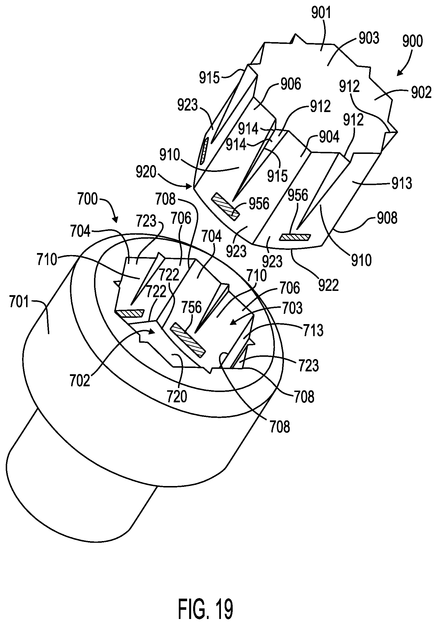 Patent US12551992 Figure 19 – Fastener system with stabilizer ribs and square drive