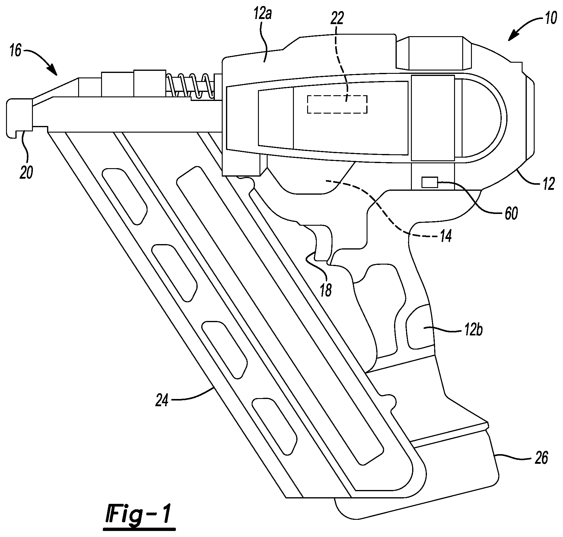 Patent US12551998 — Flywheel driven fastening tool having at least two timeout periods for determining when to stop driving flywheel — Figure 1