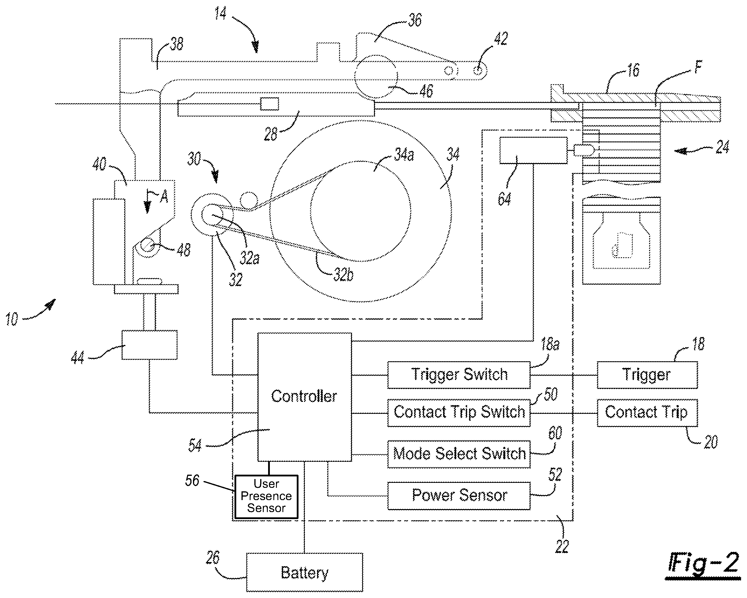Patent US12551998 Figure 2 – Flywheel driven fastening tool having at least two timeout periods for determining when to stop driving flywheel