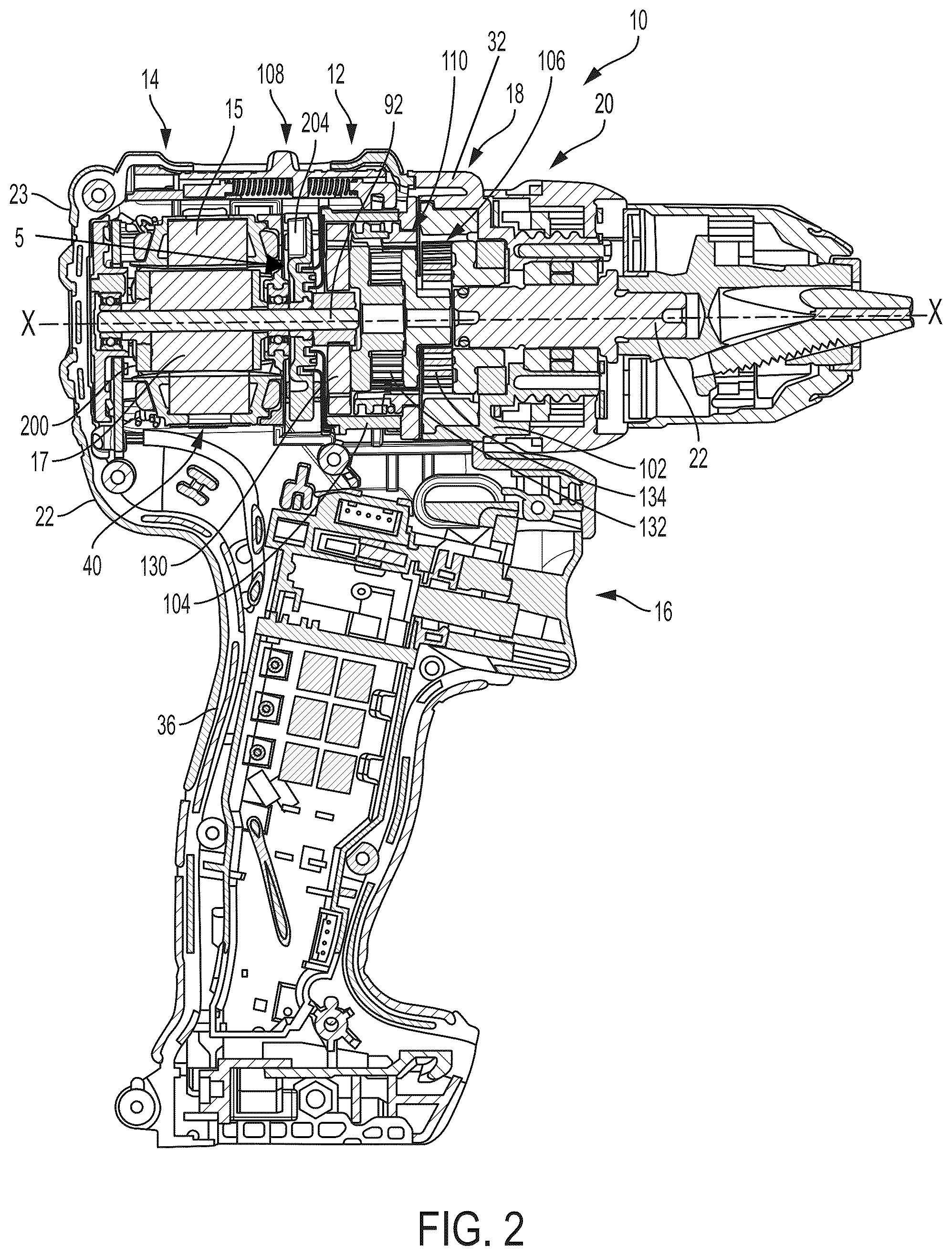 Patent US12552006 Figure 2 – Power tool with partition assembly between transmission and motor
