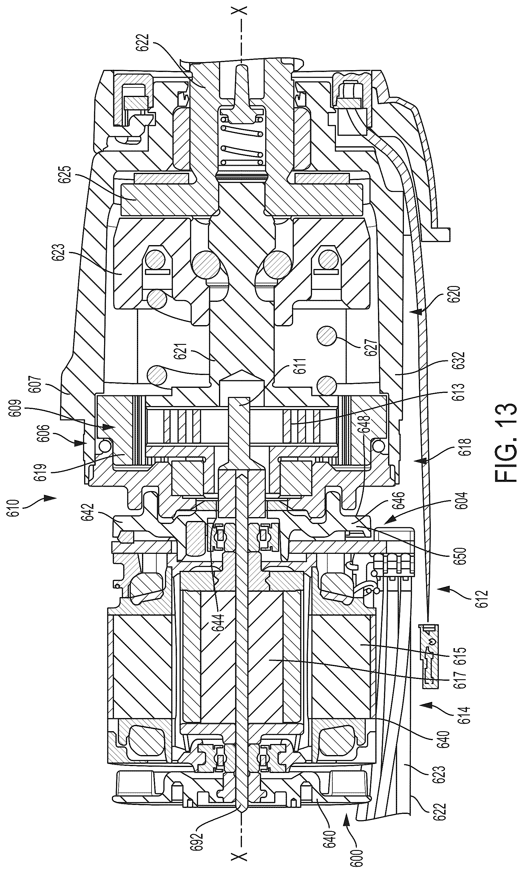 Patent US12552006 Figure 13 – Power tool with partition assembly between transmission and motor