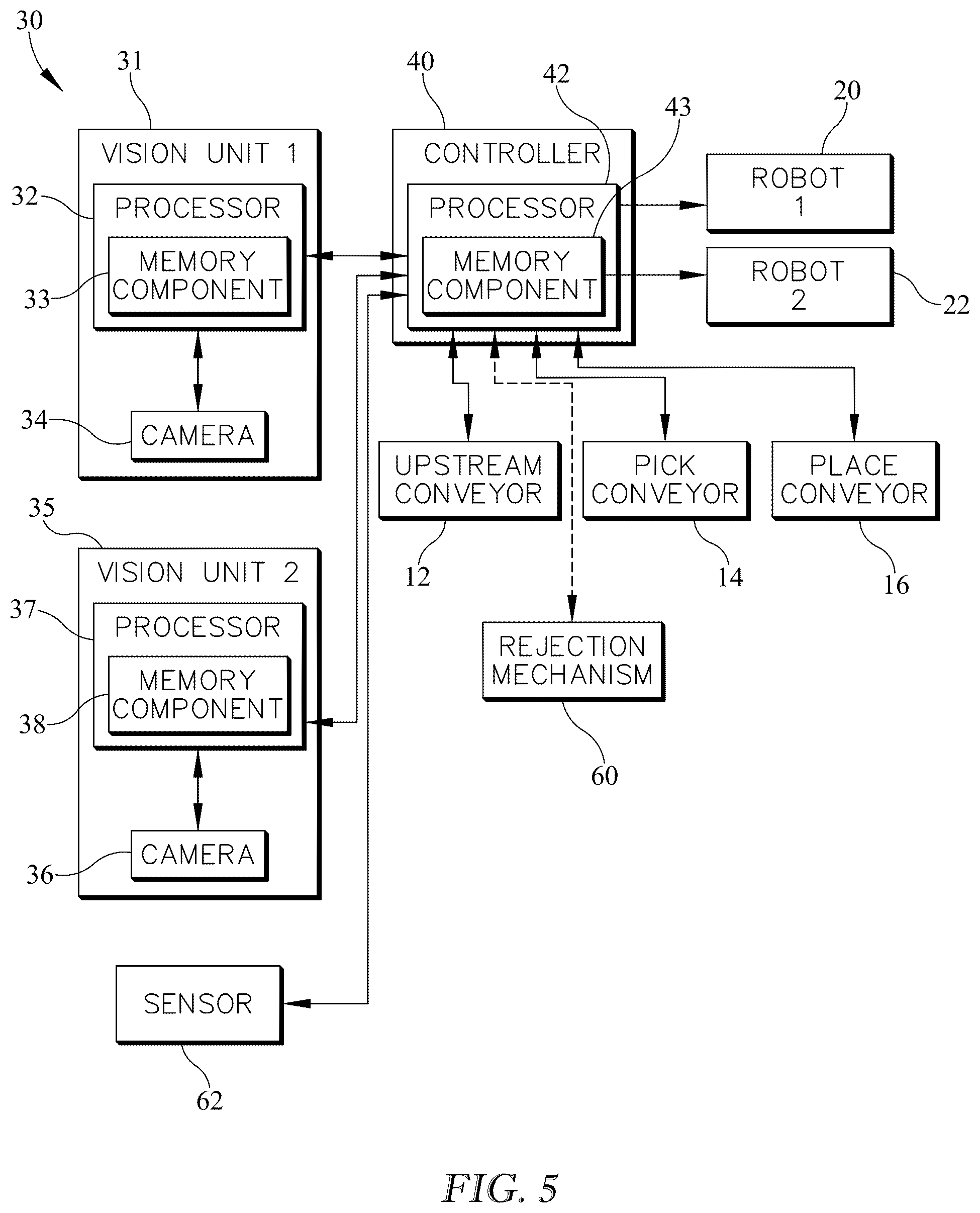 Patent US12552014 Figure 3 – Conveyor system with multiple robot singulators