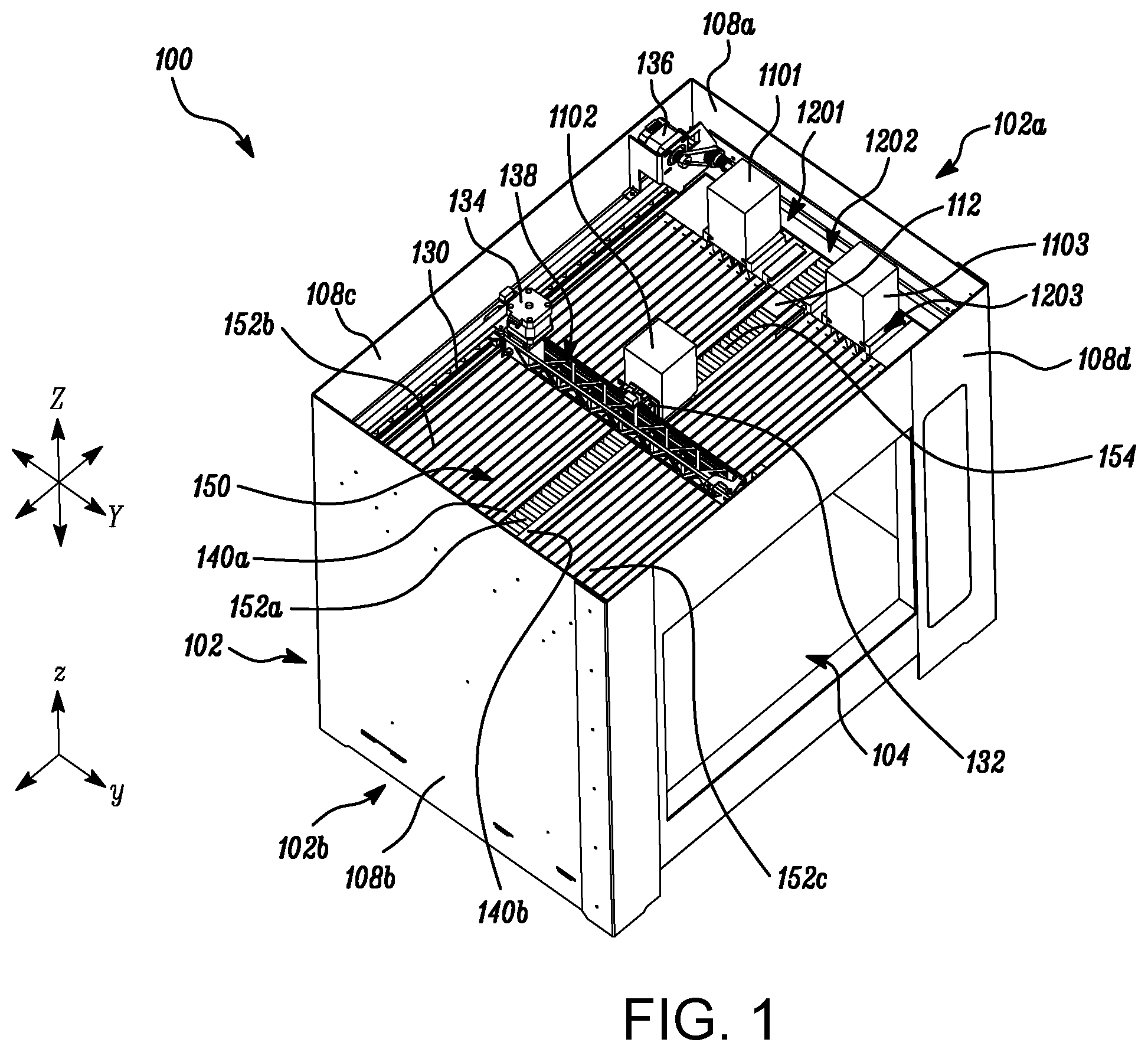 Patent US12552099 Figure 1 – Additive manufacturing system with a sealed build chamber