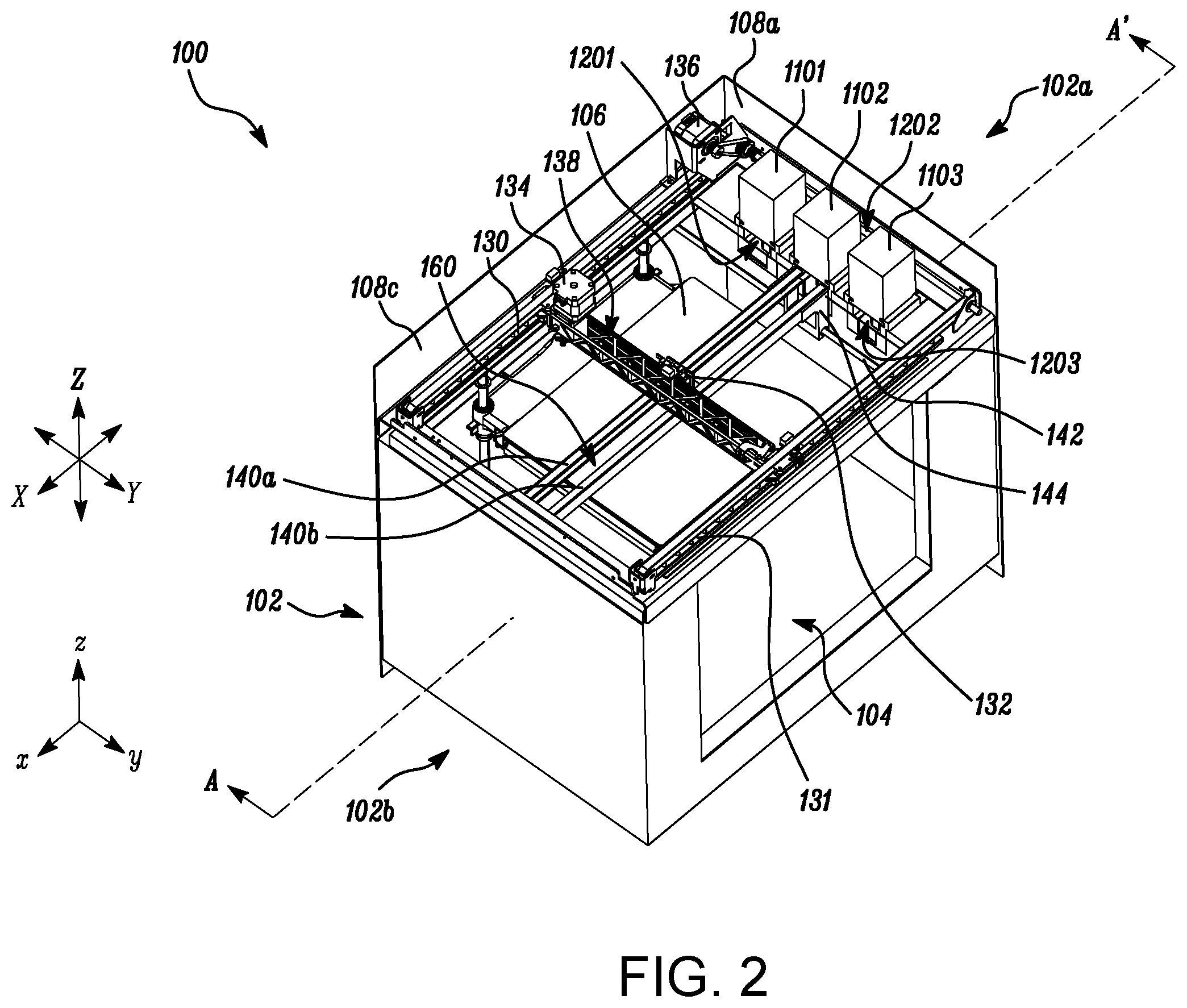 Patent US12552099 Figure 2 – Additive manufacturing system with a sealed build chamber