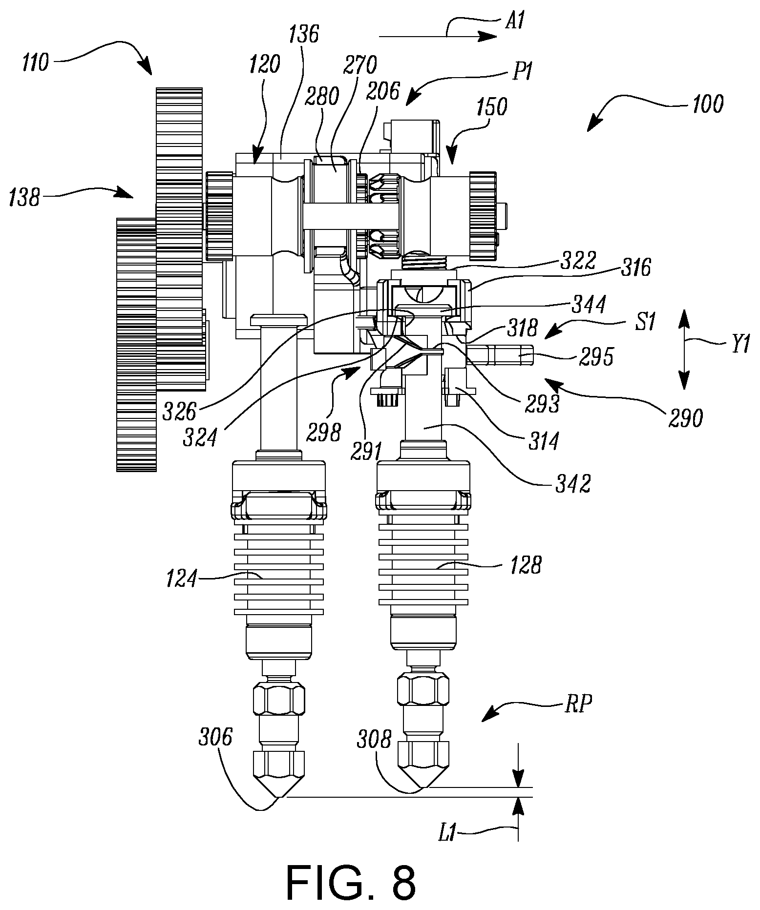 Patent US12552102 Figure 8 – Dual filament feeder assembly for an additive manufacturing system
