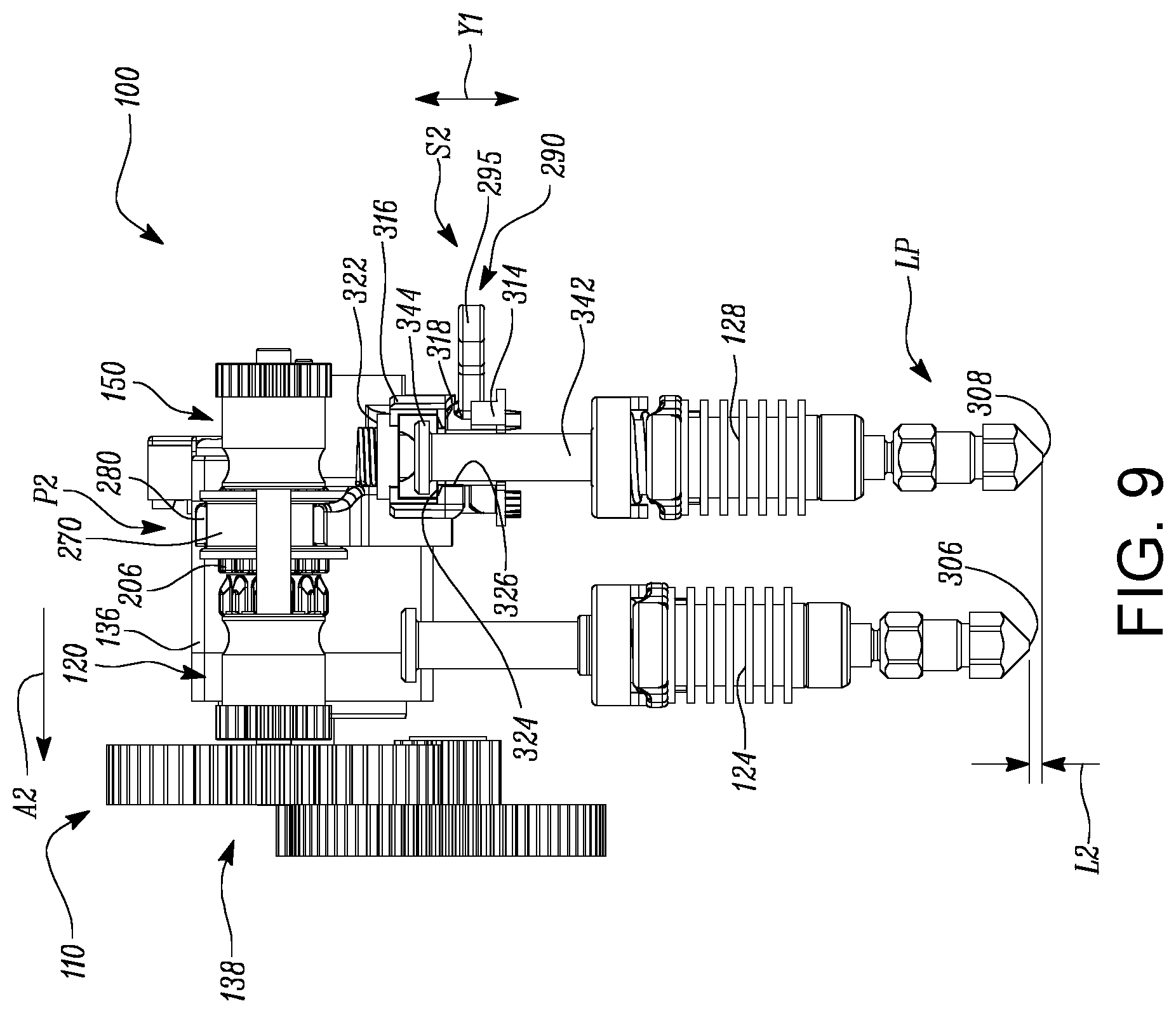 Patent US12552102 Figure 9 – Dual filament feeder assembly for an additive manufacturing system