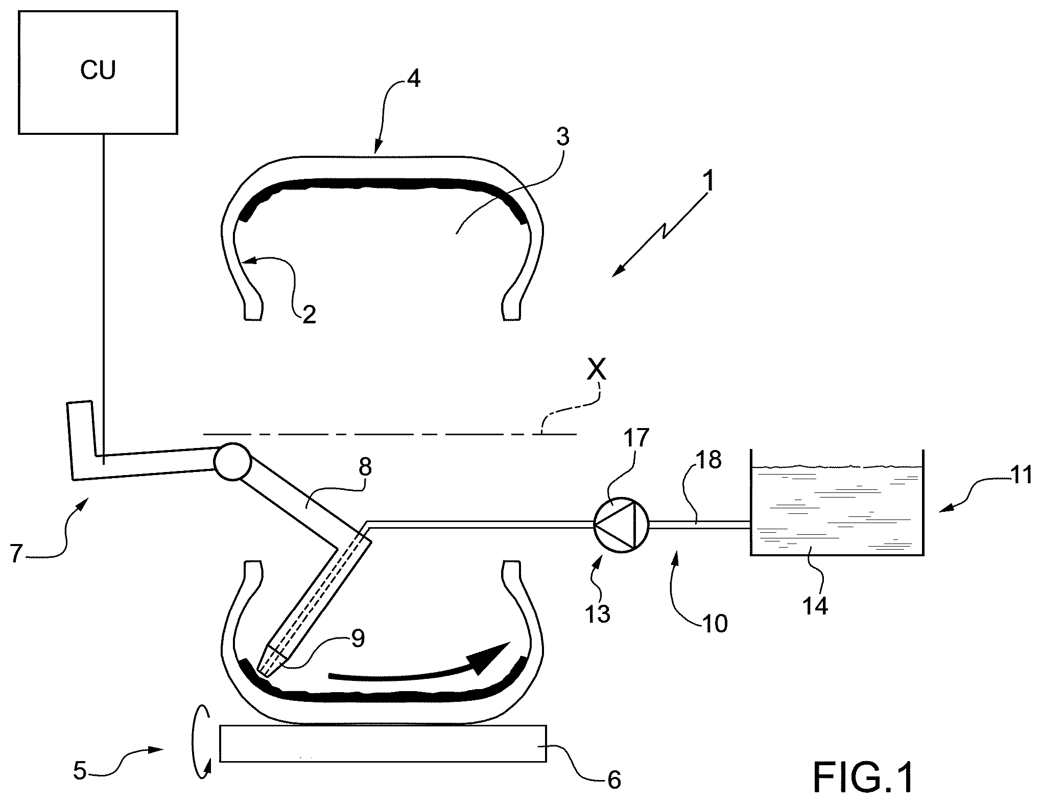 Patent US12552119 Figure 1 – Method and system for applying a sealing agent to the surface of an internal cavity of a pneumatic tire