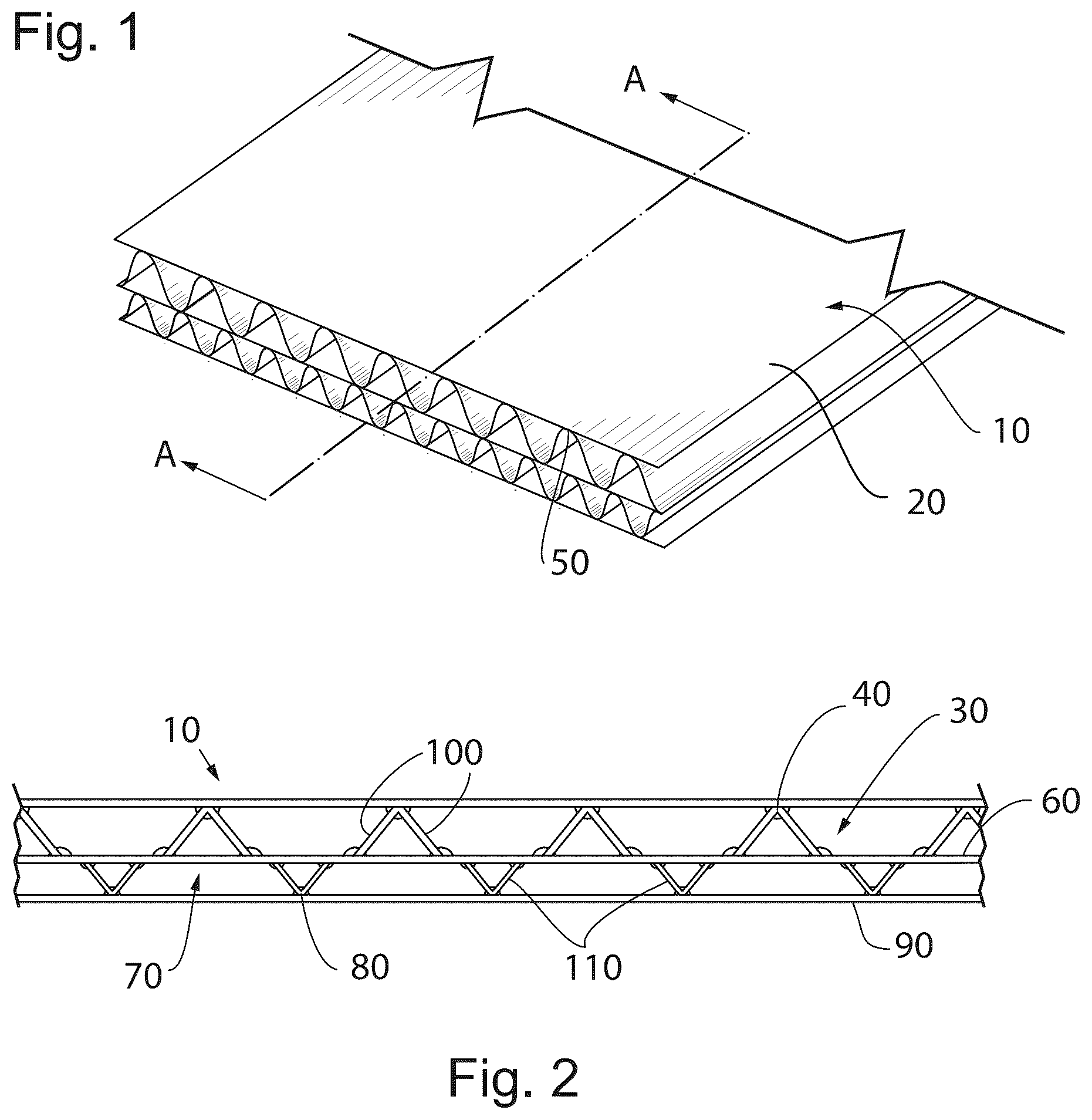Patent US12552147 Figure 1 – Crease reinforced doublewall corrugated board