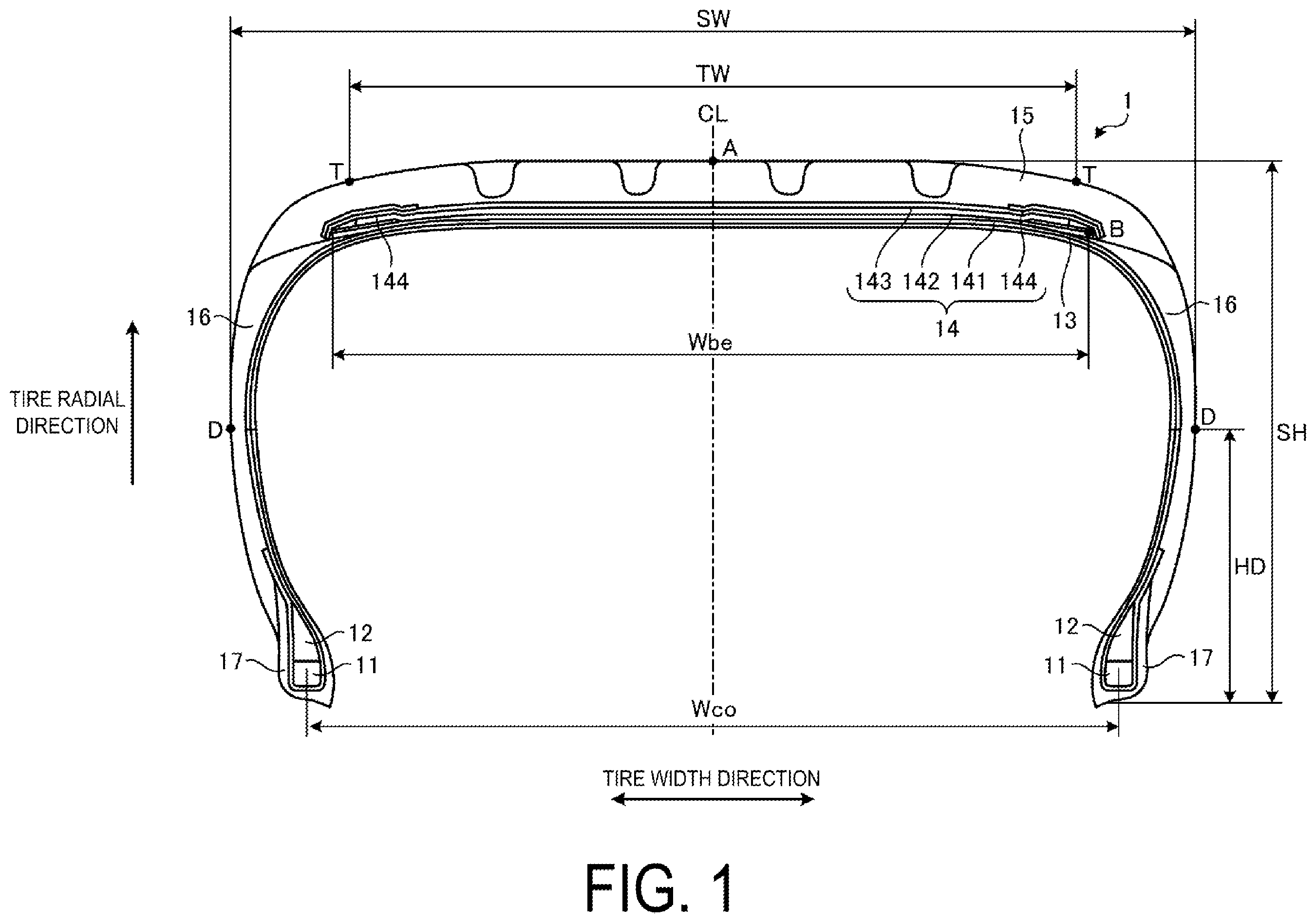 Patent US12552200 Figure 1 – Tire with specified profile