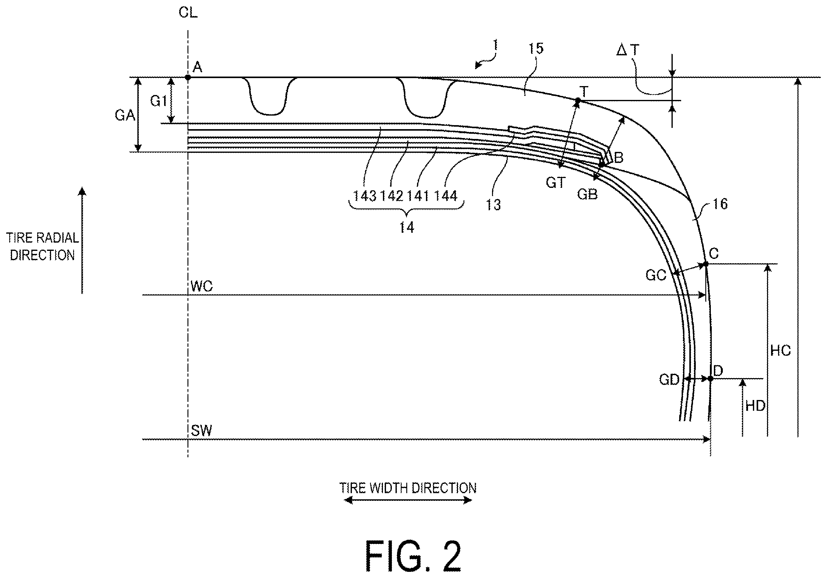 Patent US12552200 Figure 2 – Tire with specified profile
