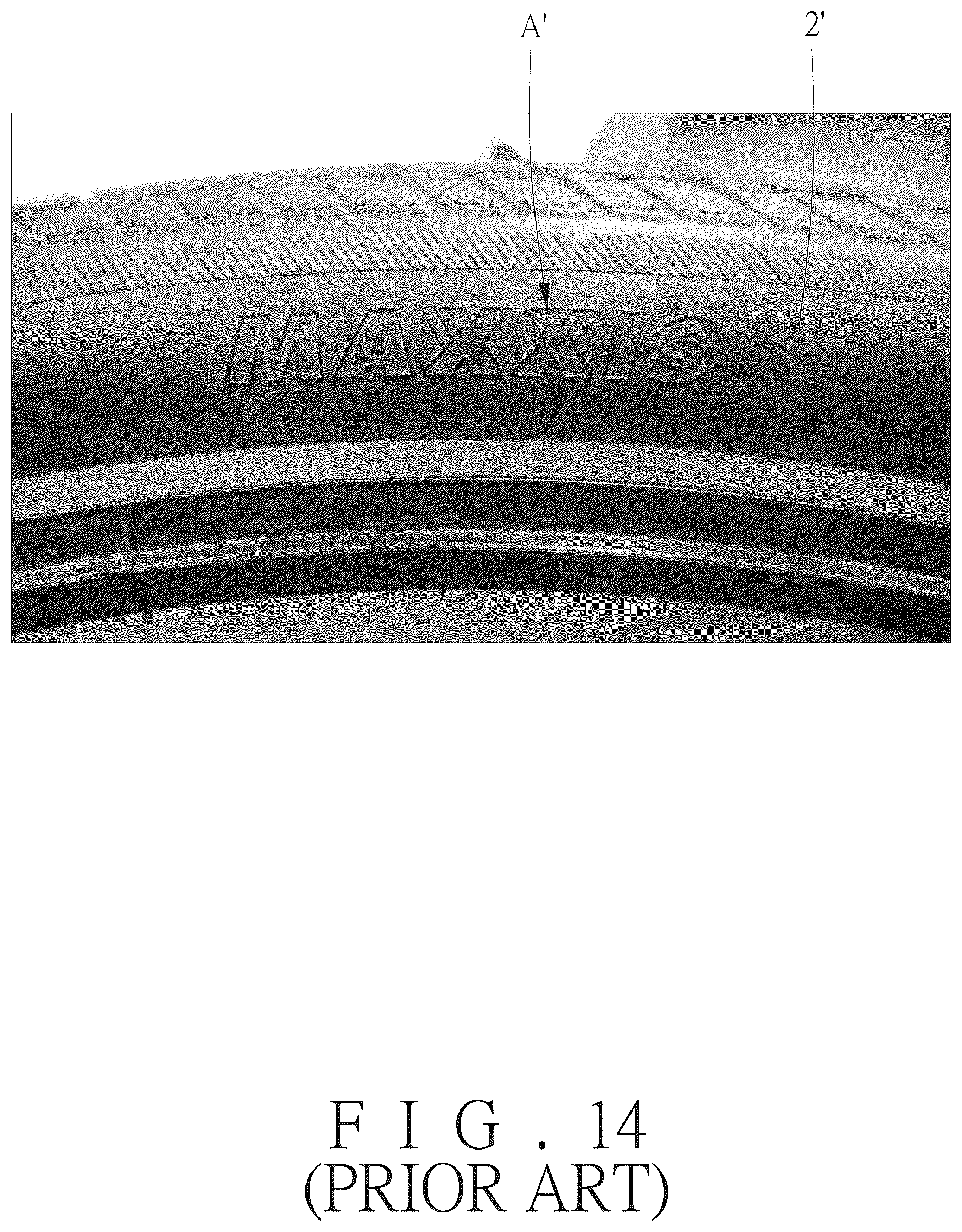 Patent US12552203 Figure 14 – Structure for enhancing sidewall marking contrast and tire with the same