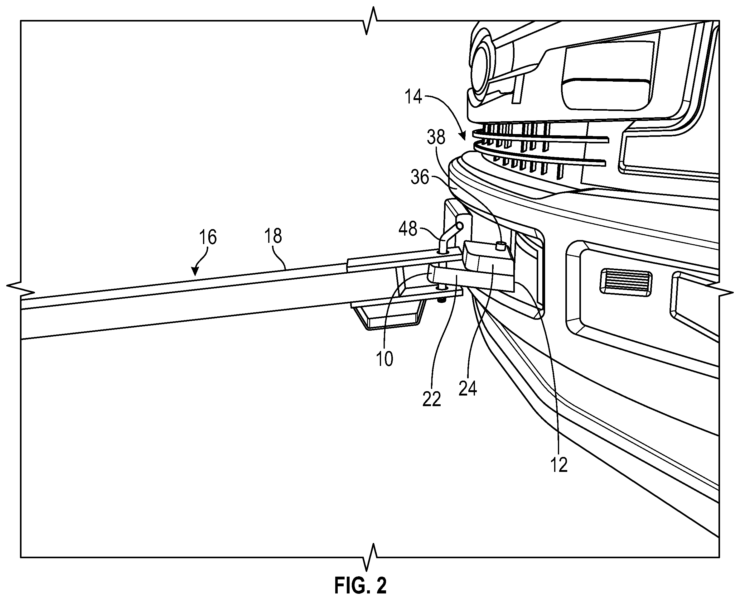 Patent US12552210 Figure 2 – Hitch assembly for vehicle front tow hook